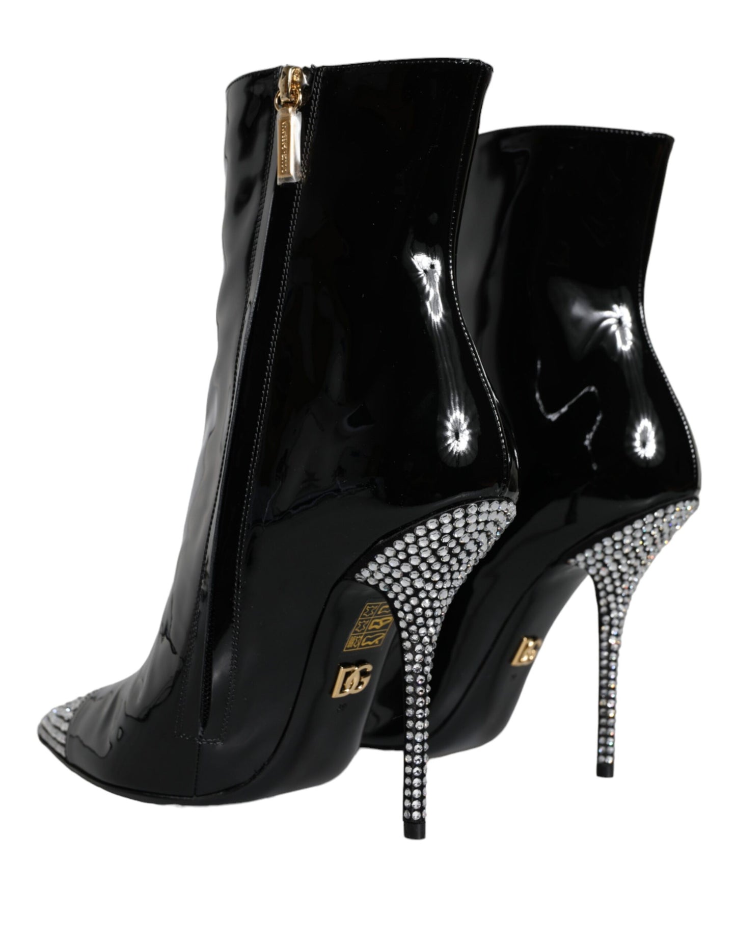 Dolce &amp; Gabbana Black Patent Leather Crystal Heel Boots Shoes