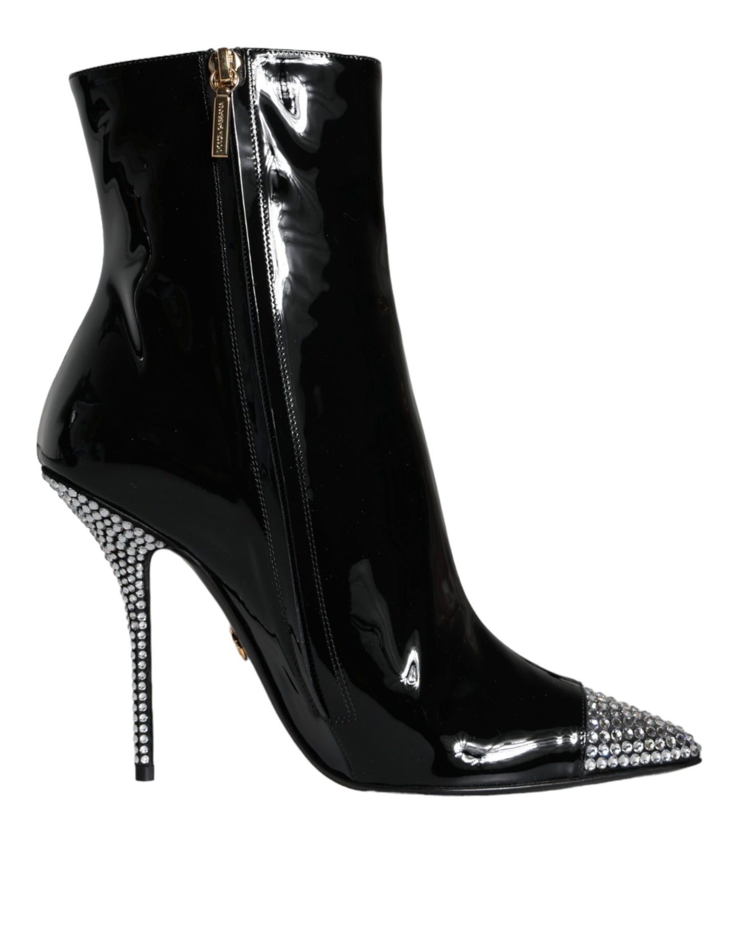 Dolce &amp; Gabbana Black Patent Leather Crystal Heel Boots Shoes