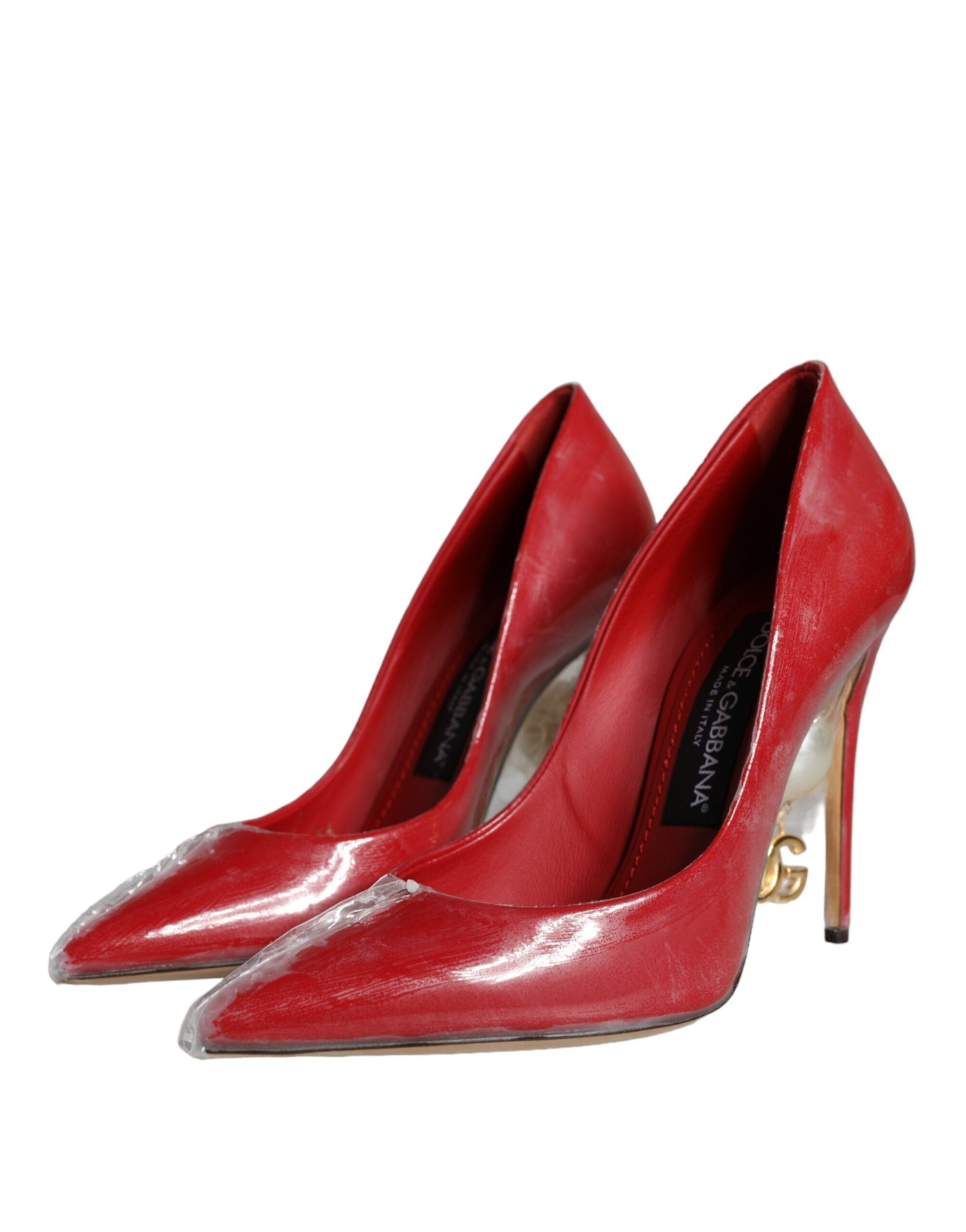 Dolce &amp; Gabbana Red Patent Leather Faux Pearl Heels Pumps Shoes