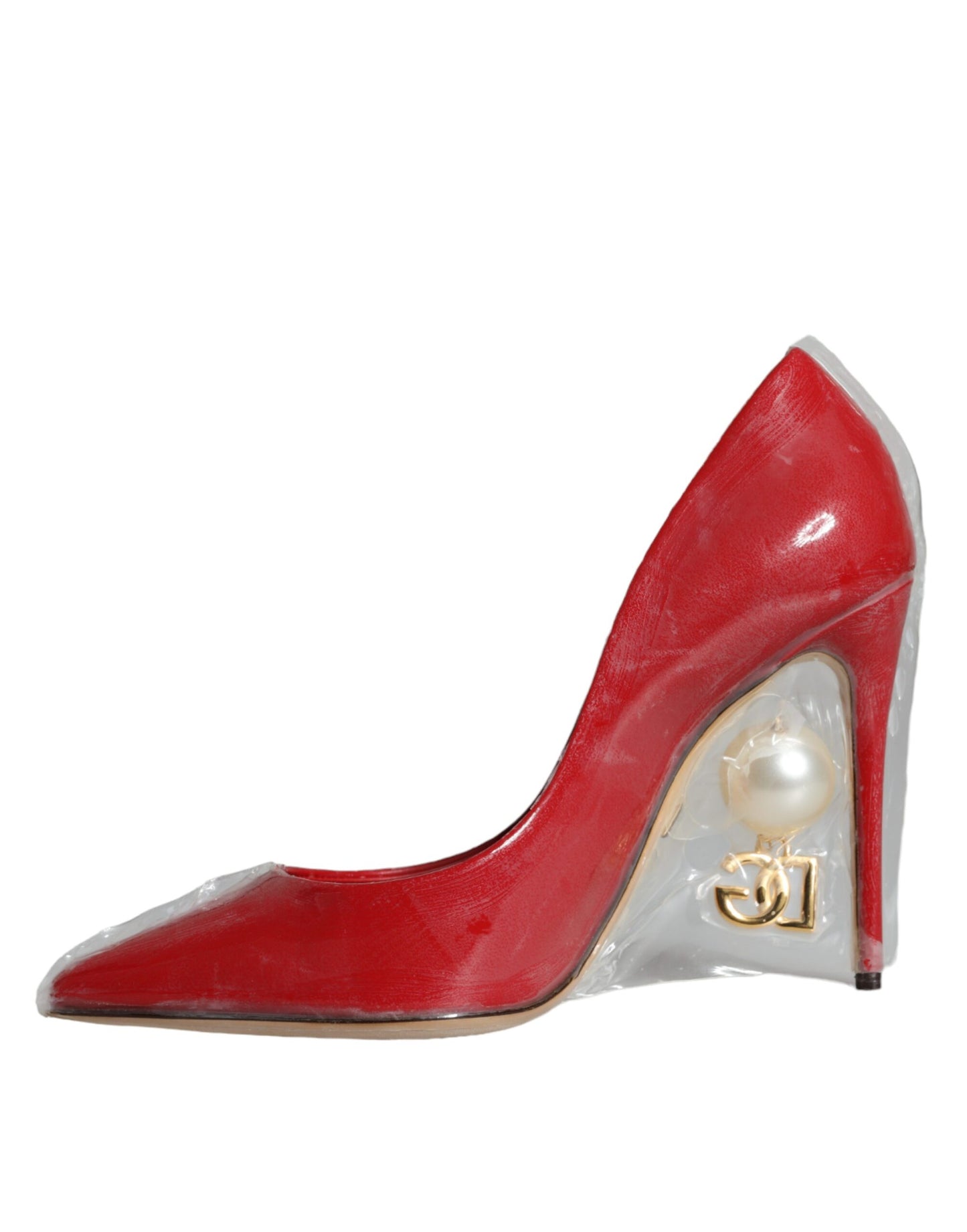 Dolce &amp; Gabbana Red Patent Leather Faux Pearl Heels Pumps Shoes