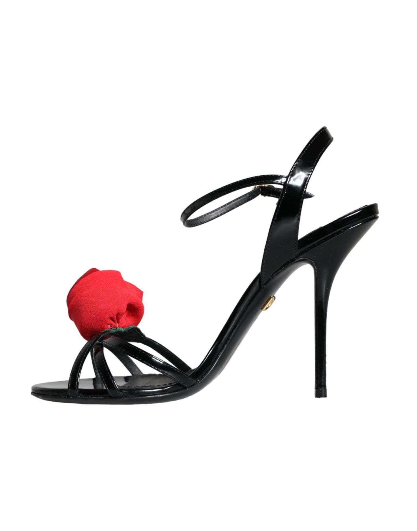 Dolce &amp; Gabbana Black Leather Rose Ankle Strap Keira Sandals Shoes