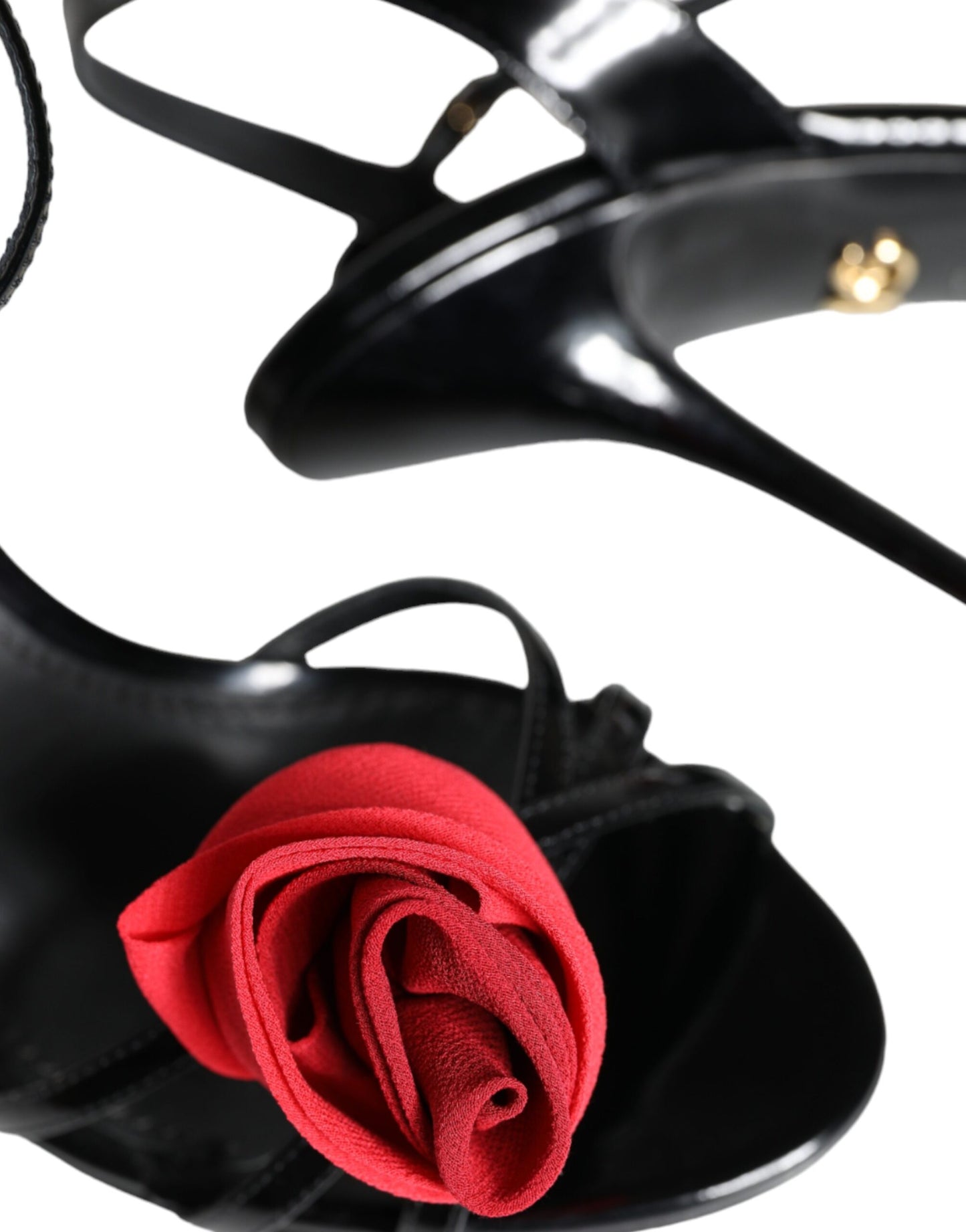 Dolce &amp; Gabbana Black Leather Rose Ankle Strap Keira Sandals Shoes