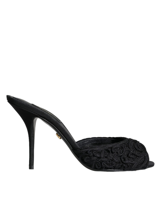 Dolce &amp; Gabbana Black Keira Cordonetto Heels Slides Shoes