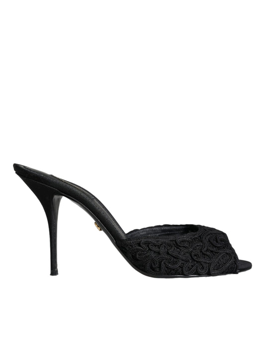 Dolce &amp; Gabbana Black Keira Cordonetto Heels Slides Shoes