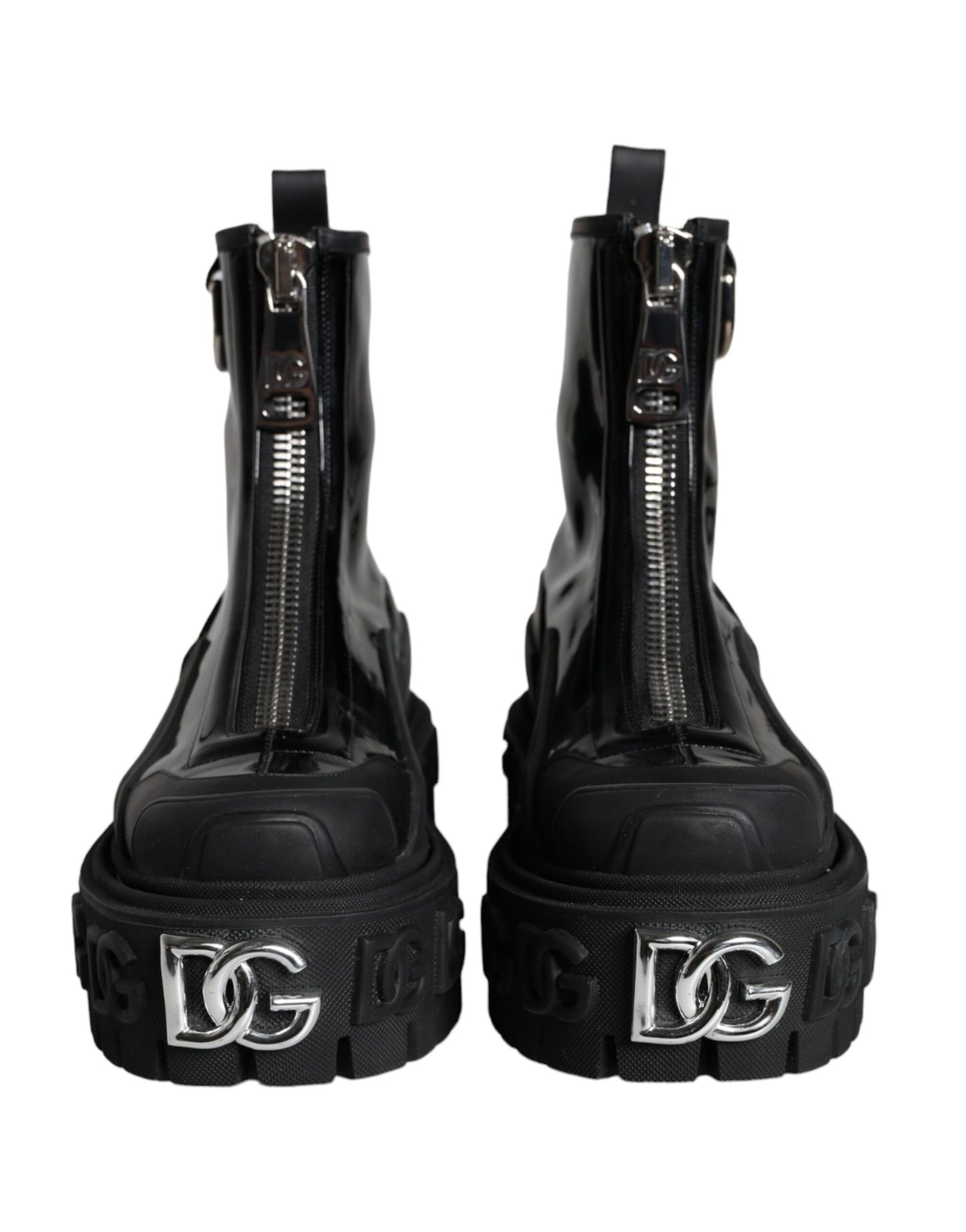 Dolce &amp; Gabbana Black Leather Wellies Logo Shoes