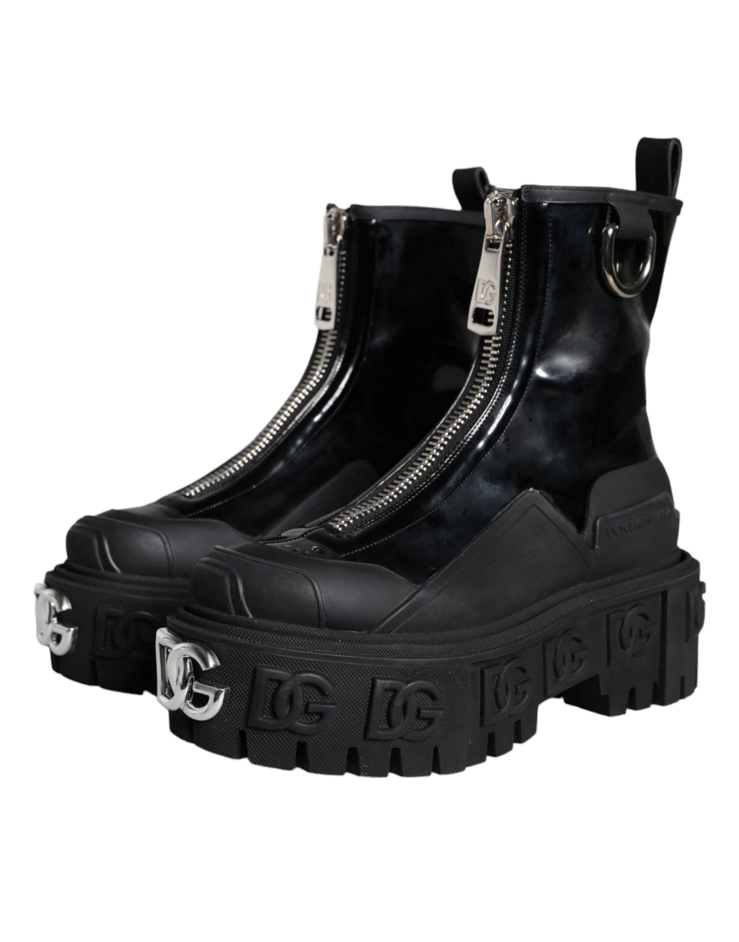 Dolce &amp; Gabbana Black Leather Wellies Logo Shoes