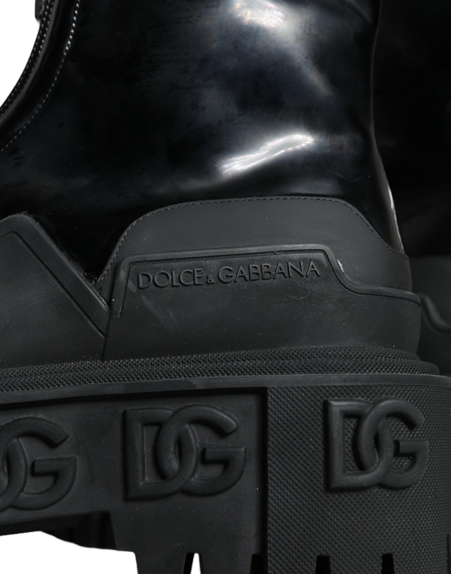 Dolce &amp; Gabbana Black Leather Wellies Logo Shoes