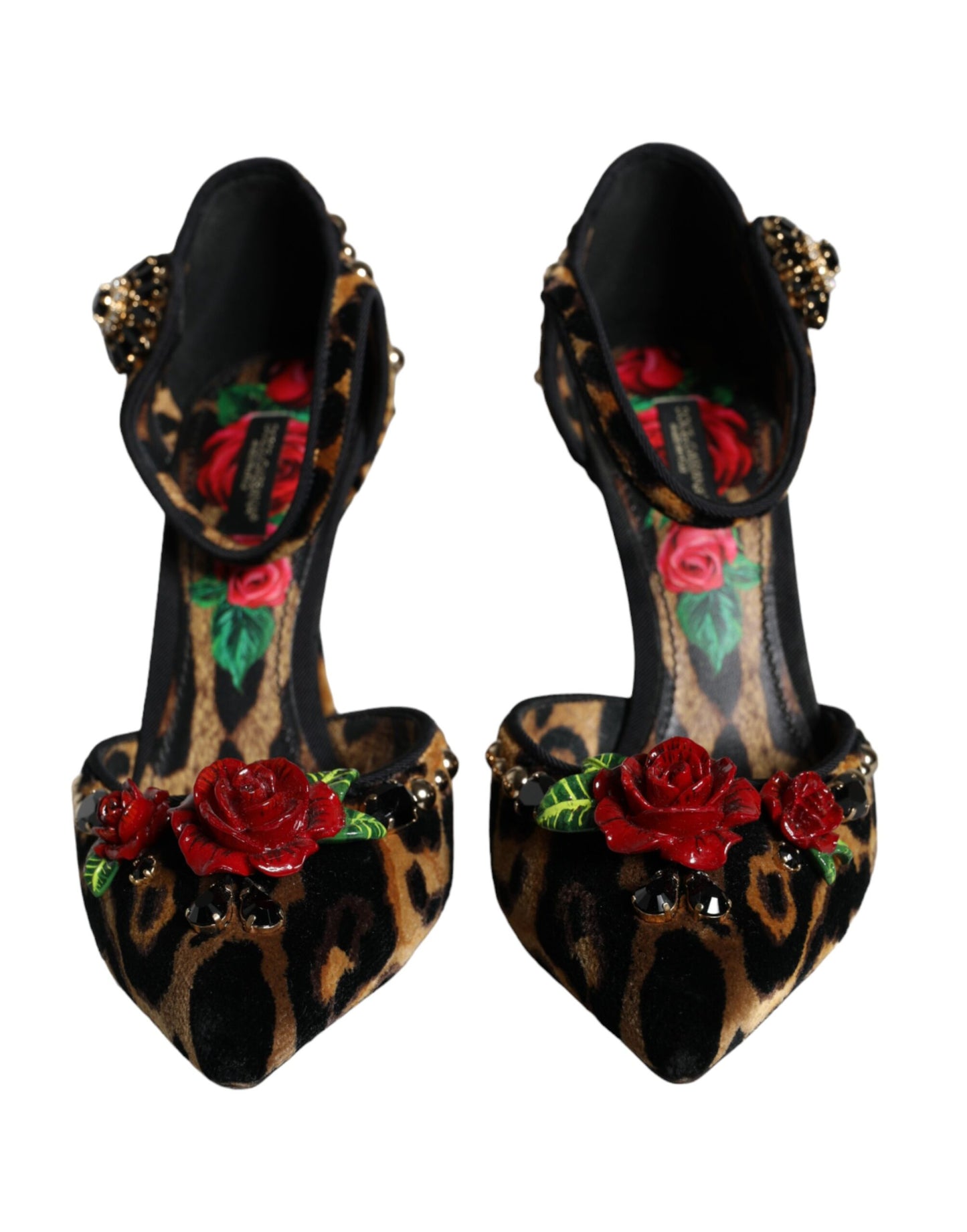 Dolce &amp; Gabbana Brown Leopard Floral Crystal Ankle Strap Pumps Shoes