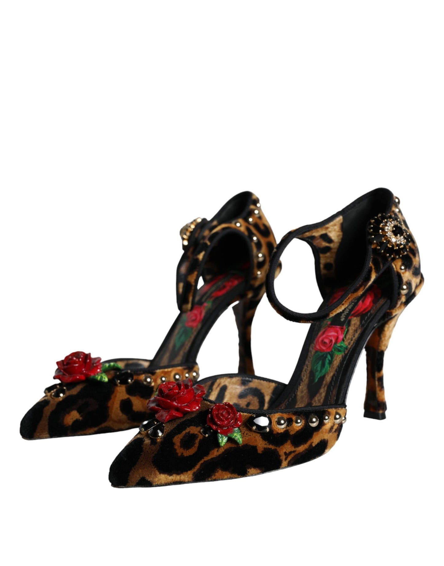 Dolce &amp; Gabbana Brown Leopard Floral Crystal Ankle Strap Pumps Shoes