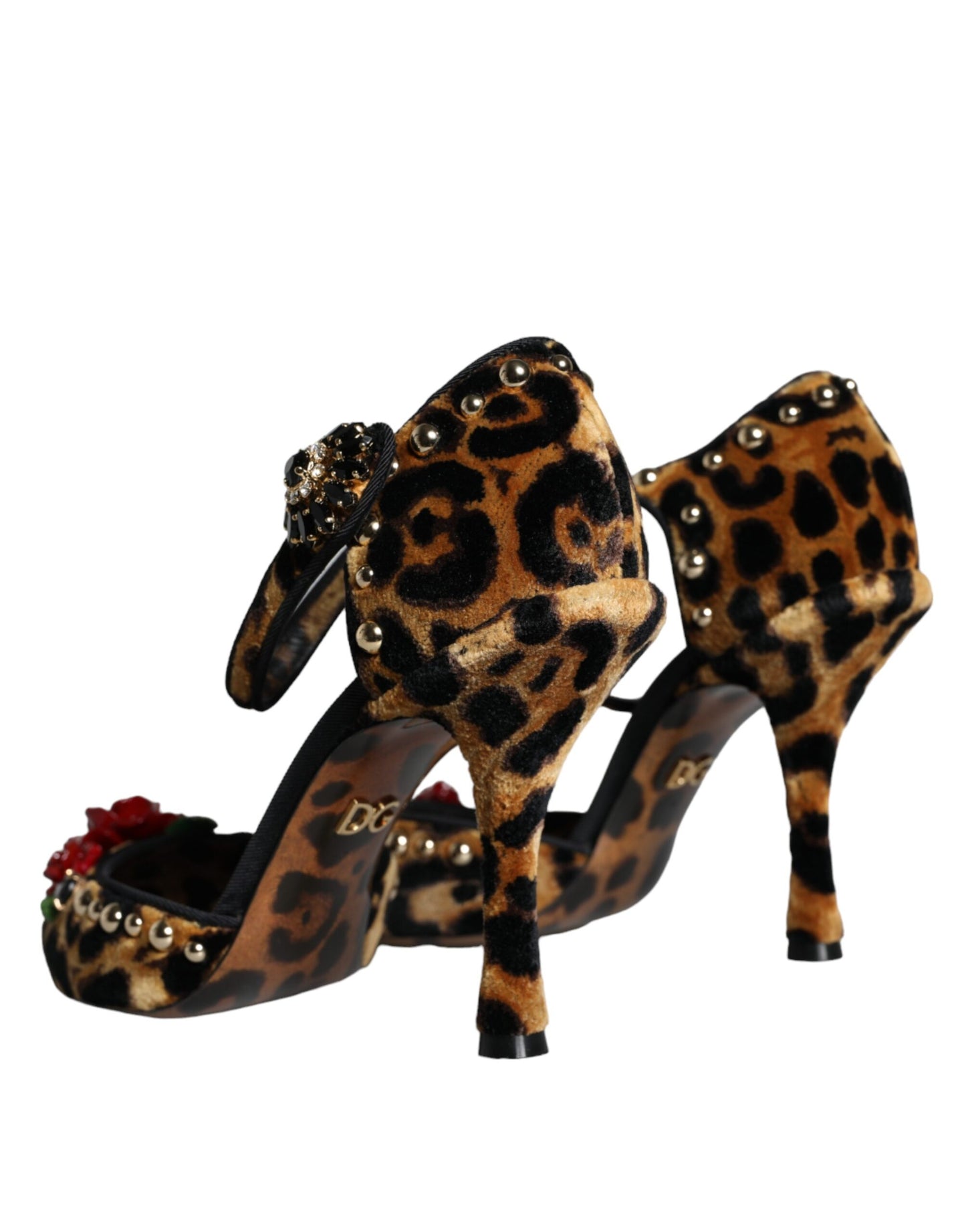 Dolce &amp; Gabbana Brown Leopard Floral Crystal Ankle Strap Pumps Shoes