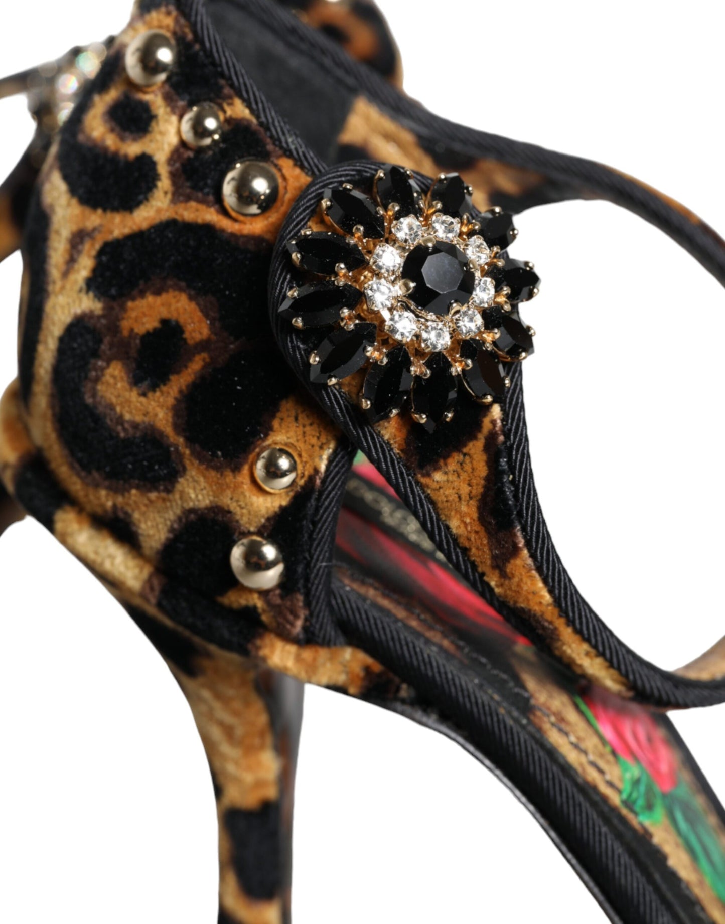 Dolce &amp; Gabbana Brown Leopard Floral Crystal Ankle Strap Pumps Shoes