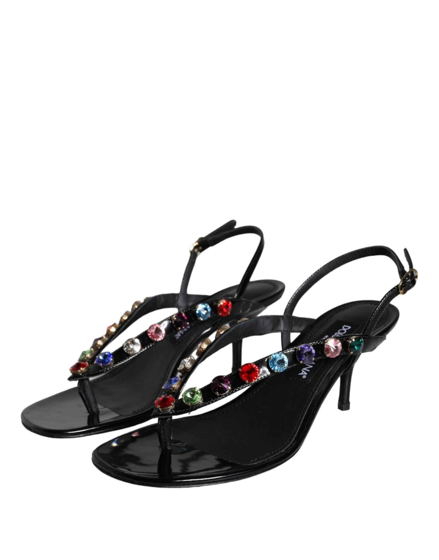 Dolce &amp; Gabbana Black Leather Crystal Slingback Sandals Shoes