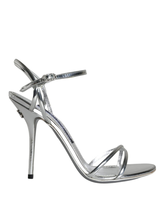 Dolce &amp; Gabbana Silver KEIRA Leather Ankle Strap Sandals Shoes