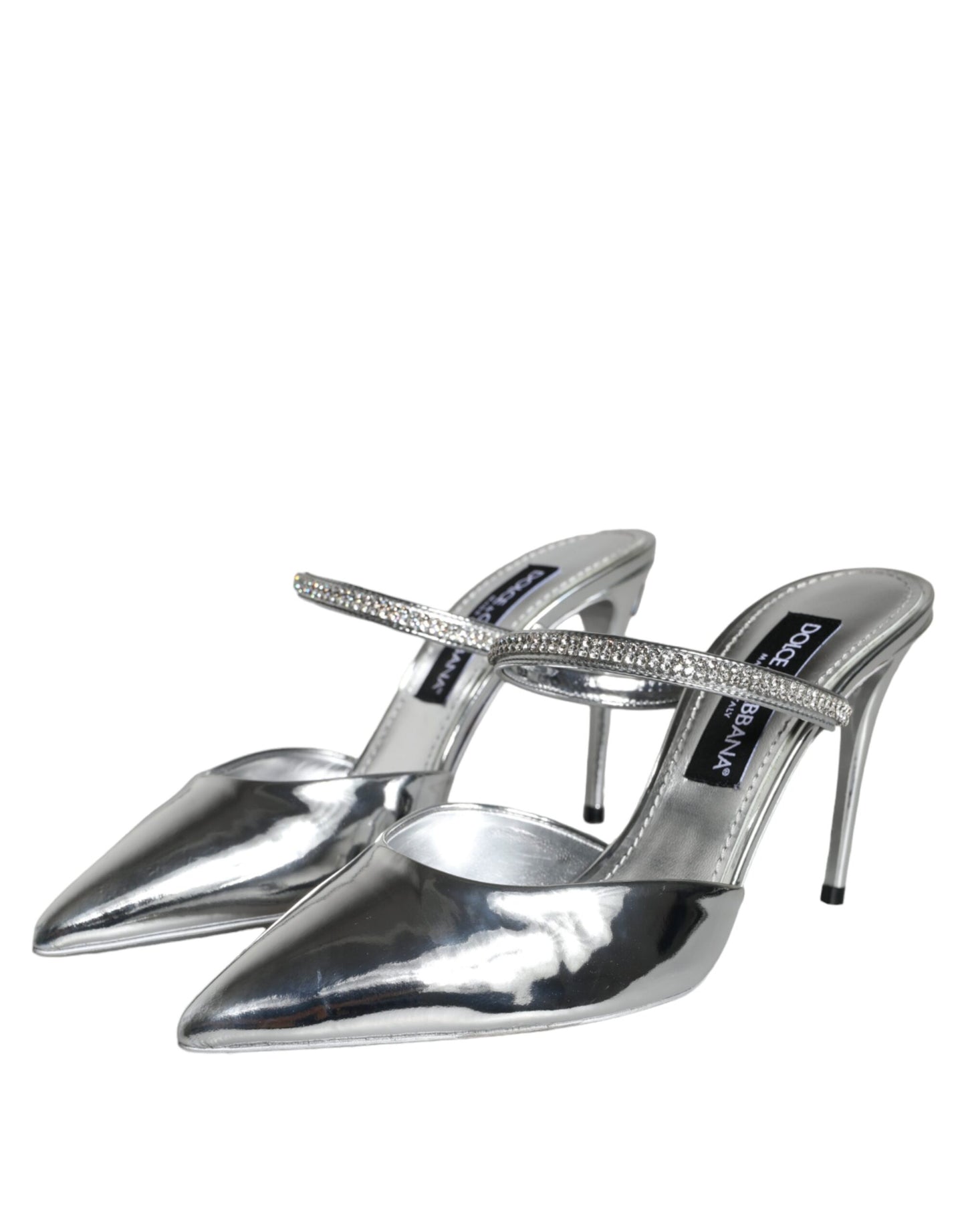 Dolce &amp; Gabbana Silver Crystal Leather Slip On Sandals Shoes