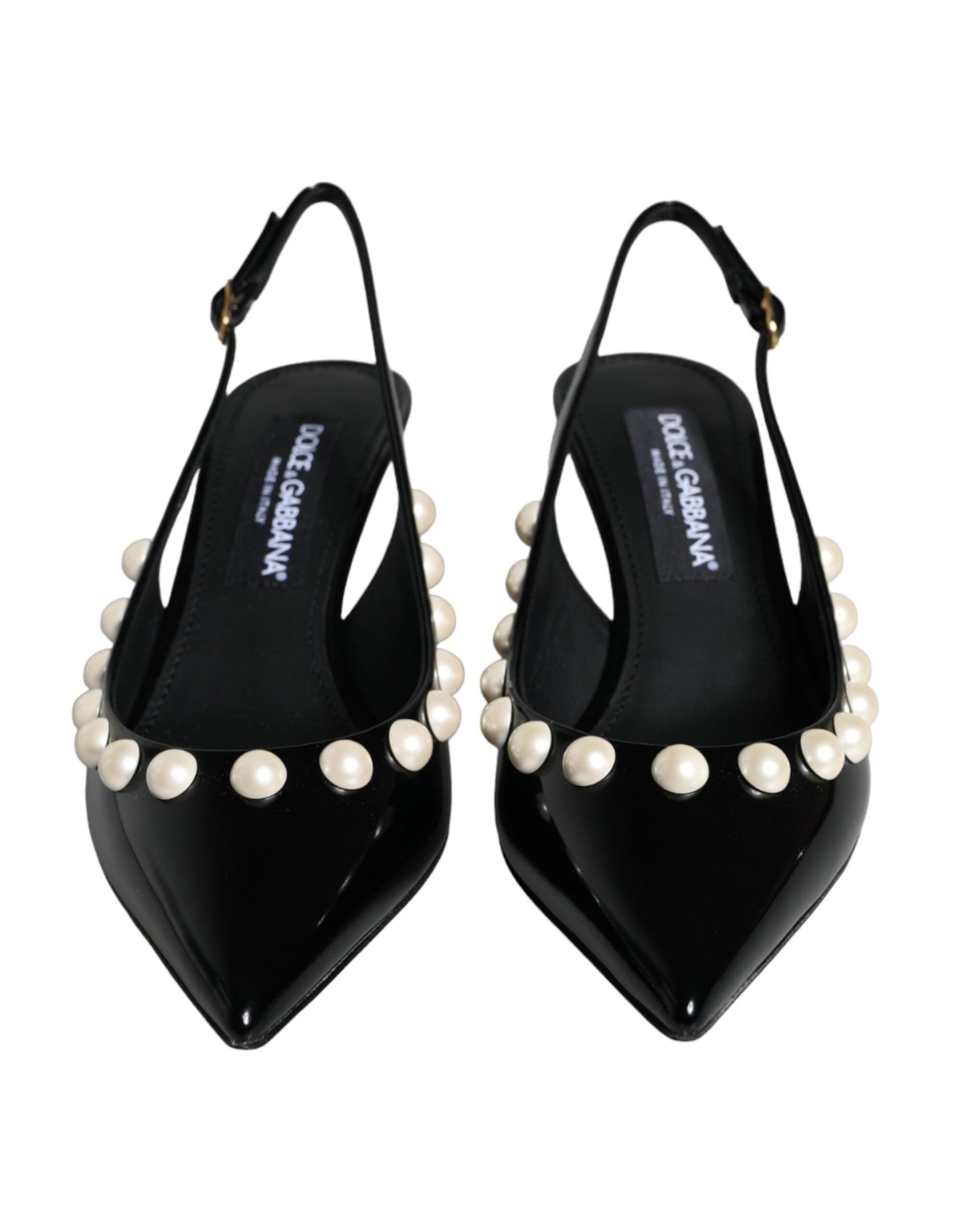 Dolce &amp; Gabbana Black Leather Faux Pearl Heel Slingback Shoes