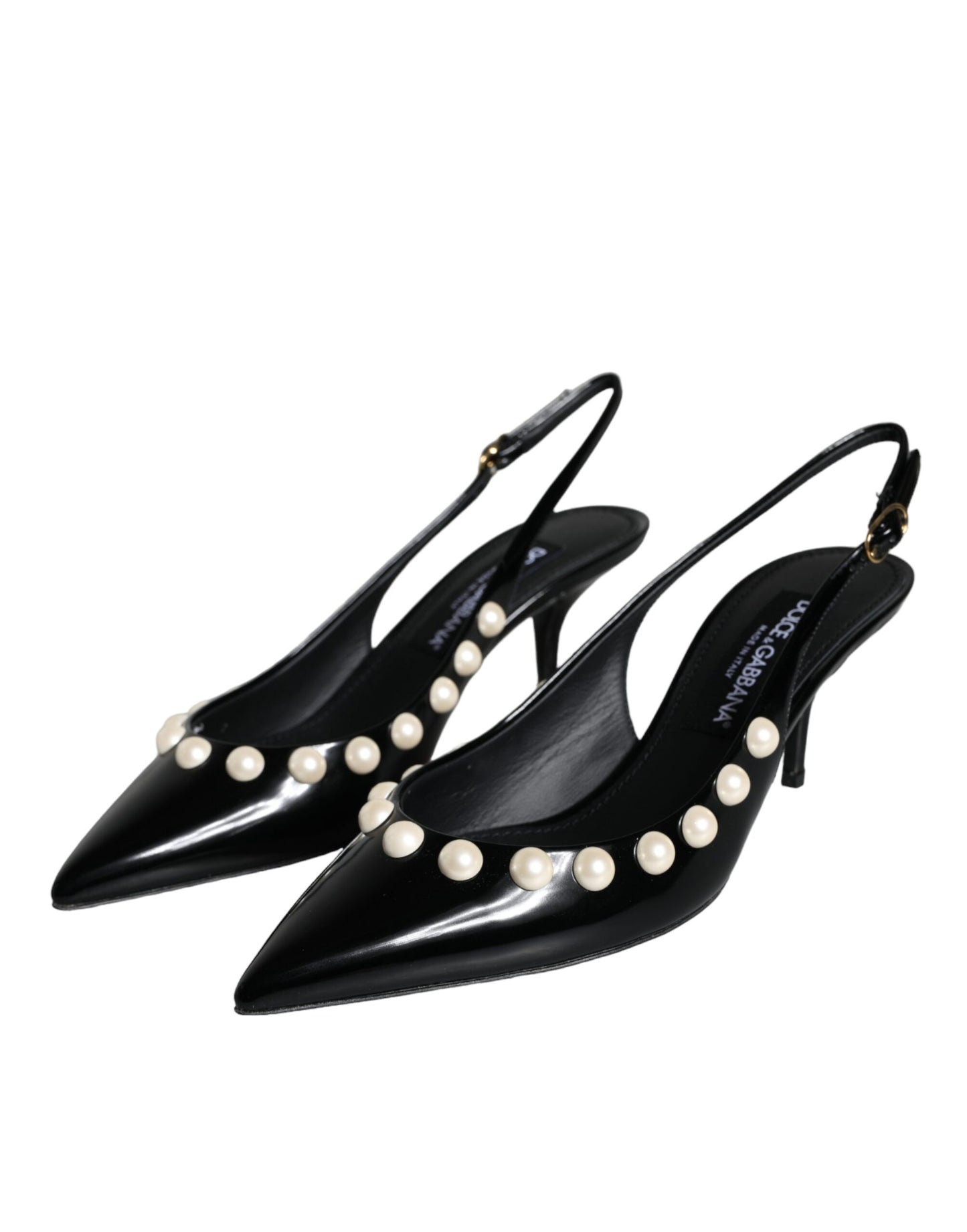 Dolce &amp; Gabbana Black Leather Faux Pearl Heel Slingback Shoes