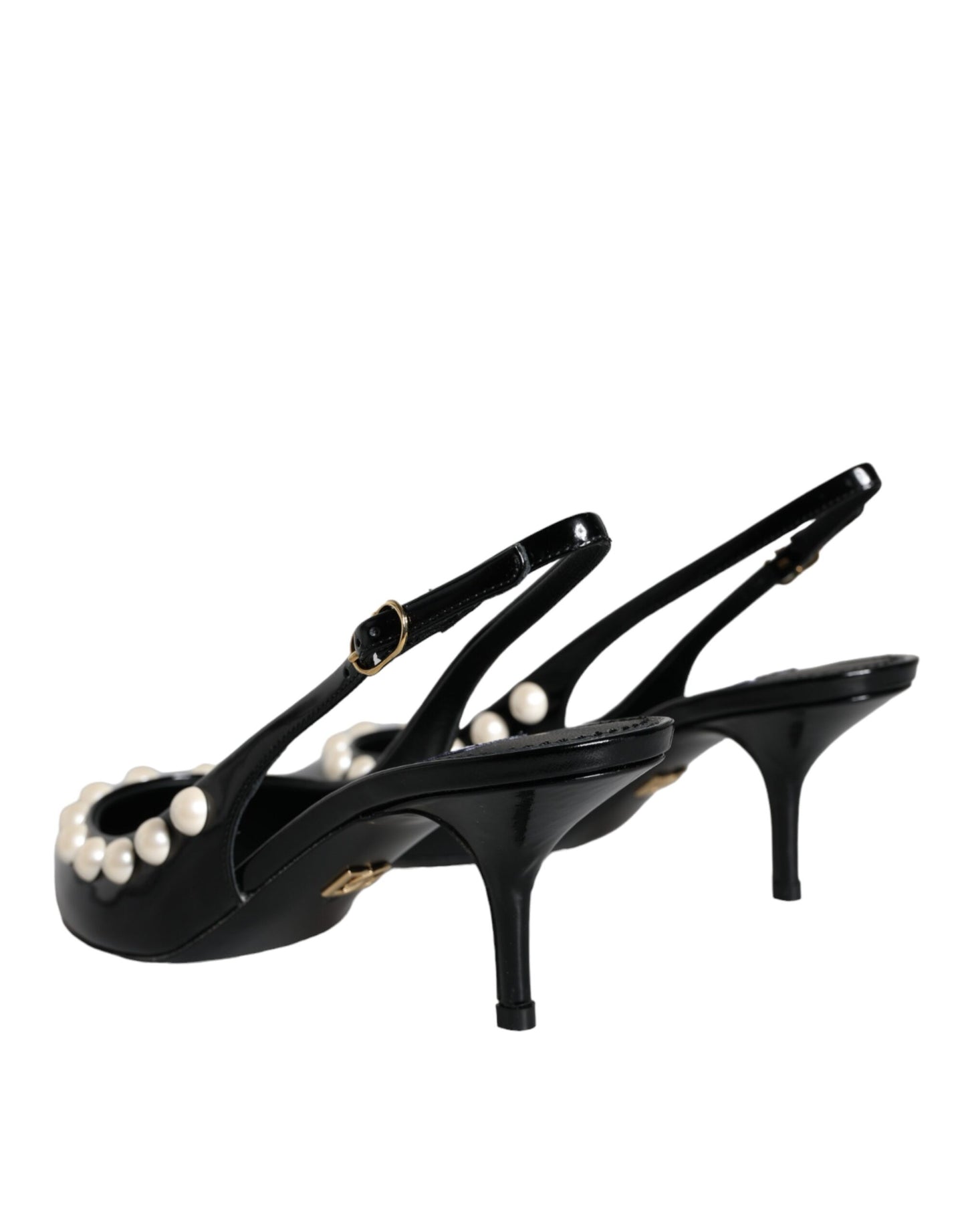 Dolce &amp; Gabbana Black Leather Faux Pearl Heel Slingback Shoes