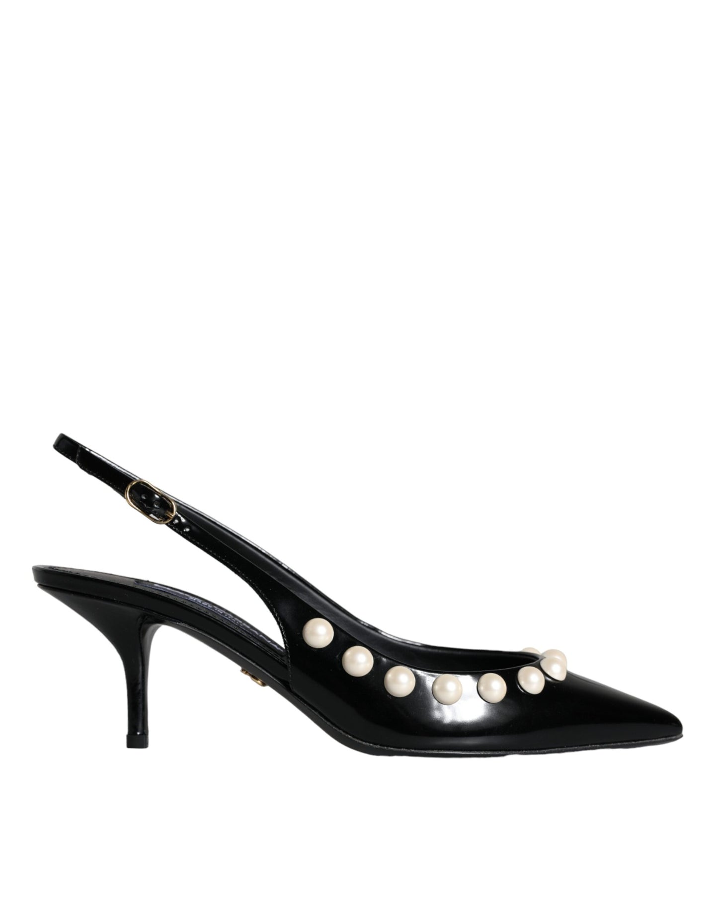 Dolce &amp; Gabbana Black Leather Faux Pearl Heel Slingback Shoes