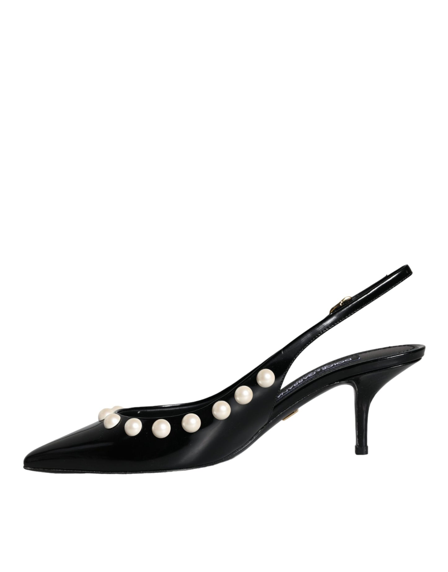 Dolce &amp; Gabbana Black Leather Faux Pearl Heel Slingback Shoes