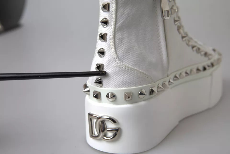 Dolce &amp; Gabbana White Canvas Studded Sneakers Boots Shoes