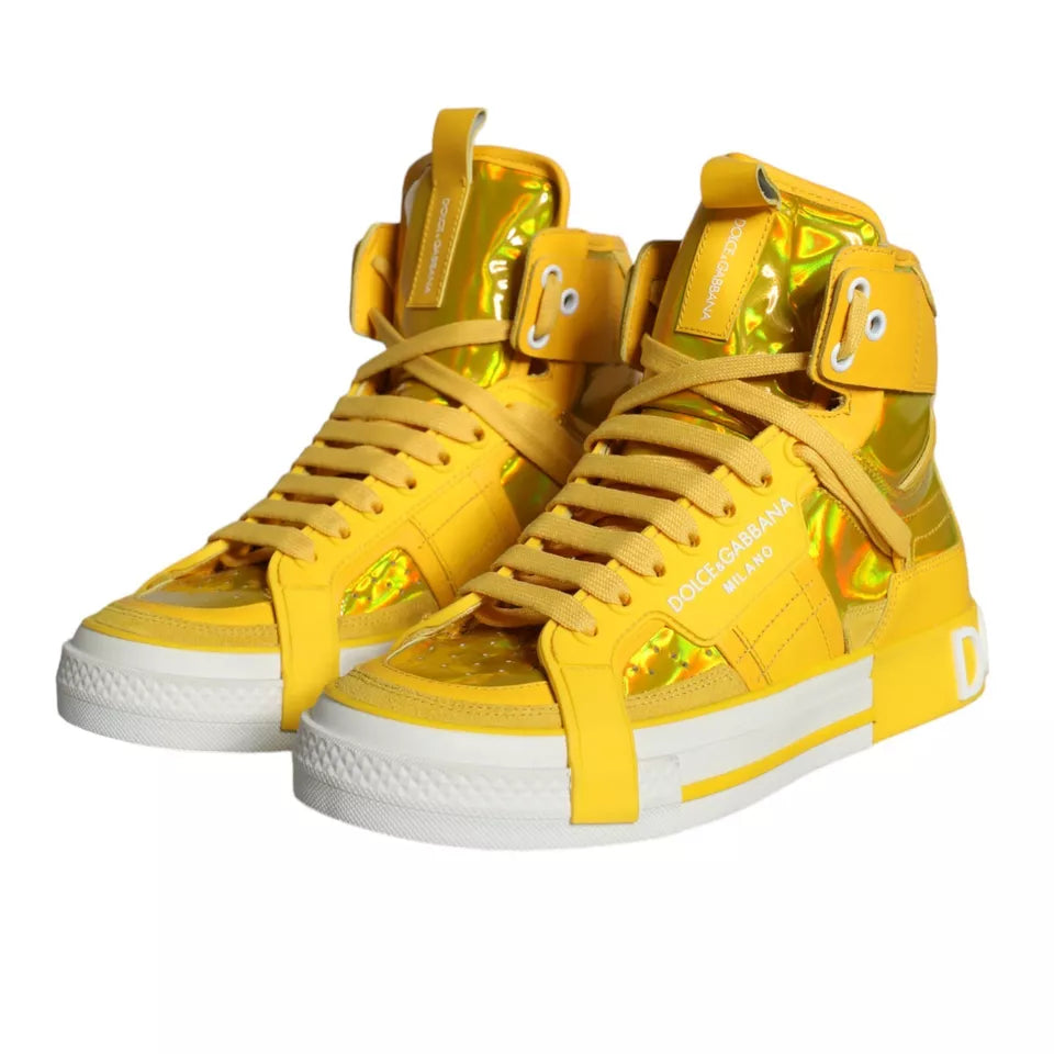 Dolce &amp; Gabbana Yellow White Leather High Top Sneakers Shoes