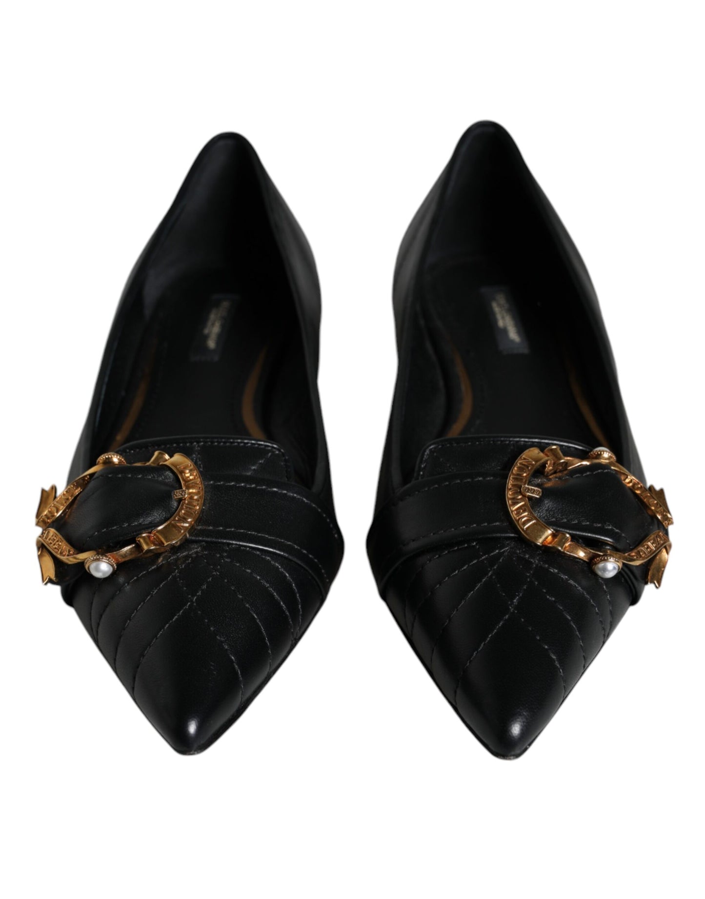 Dolce &amp; Gabbana Black Devotion Leather Pointy Flats Shoes