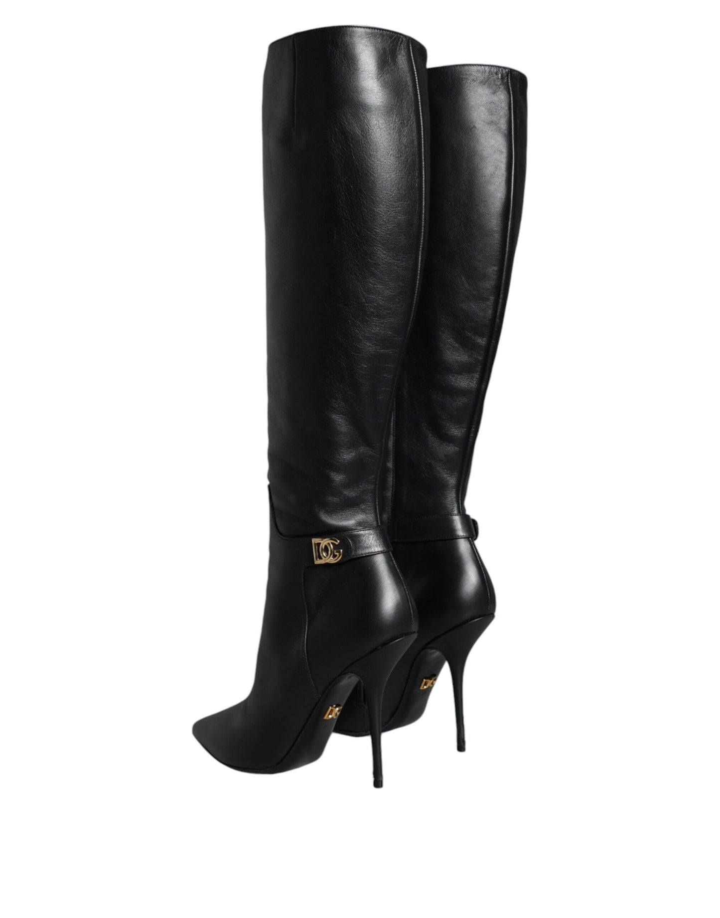 Dolce &amp; Gabbana Black Leather Gold Tone Logo High Boots Shoes