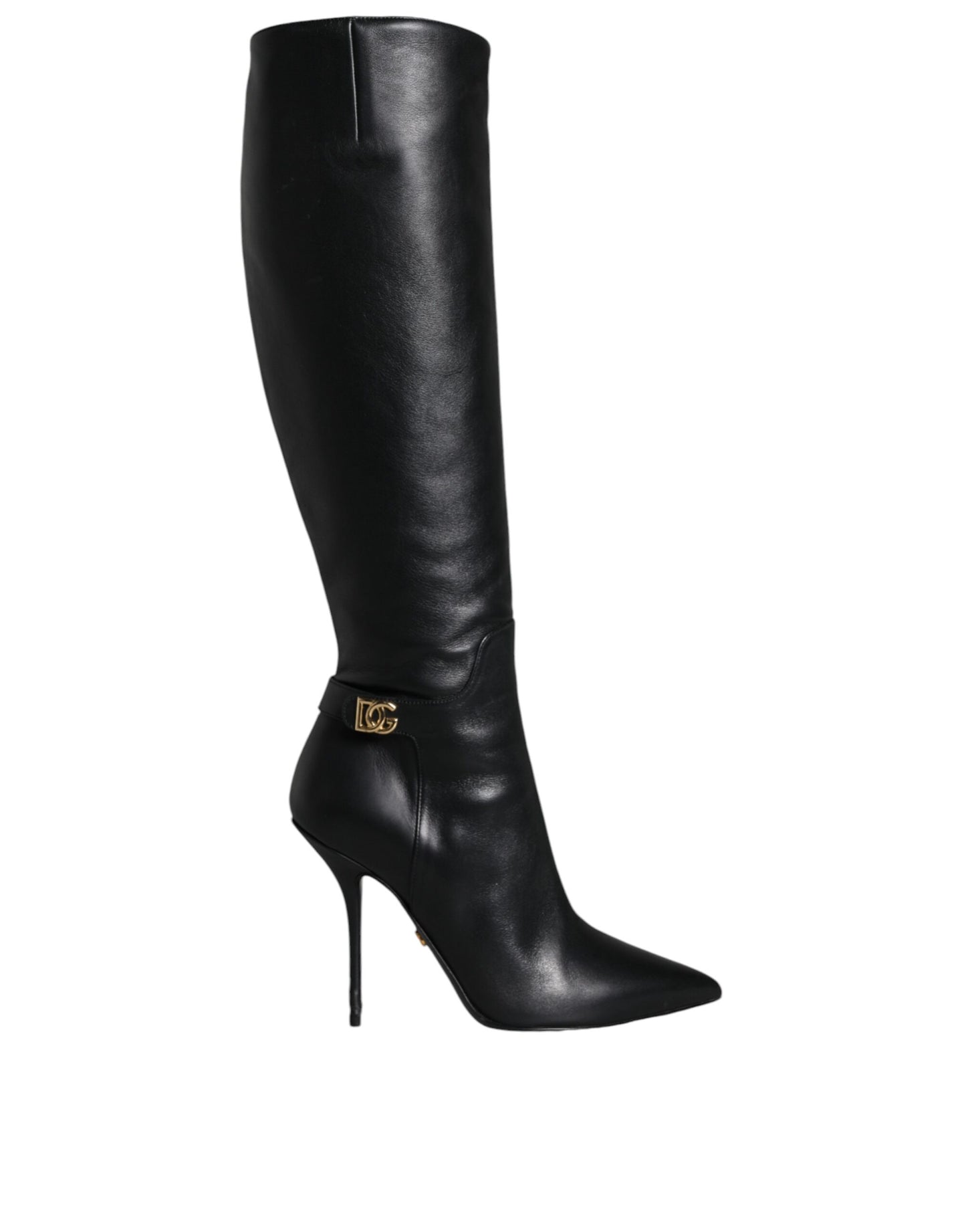 Dolce &amp; Gabbana Black Leather Gold Tone Logo High Boots Shoes