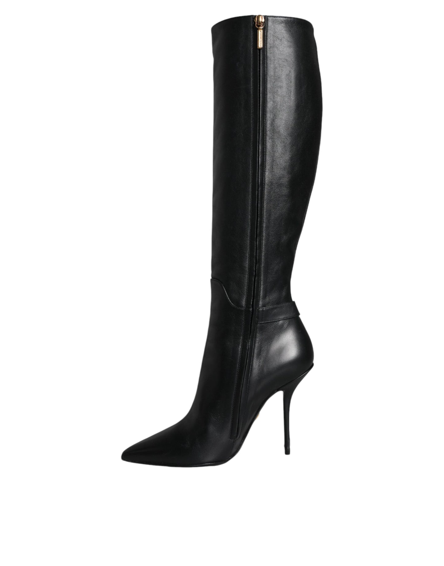 Dolce &amp; Gabbana Black Leather Gold Tone Logo High Boots Shoes