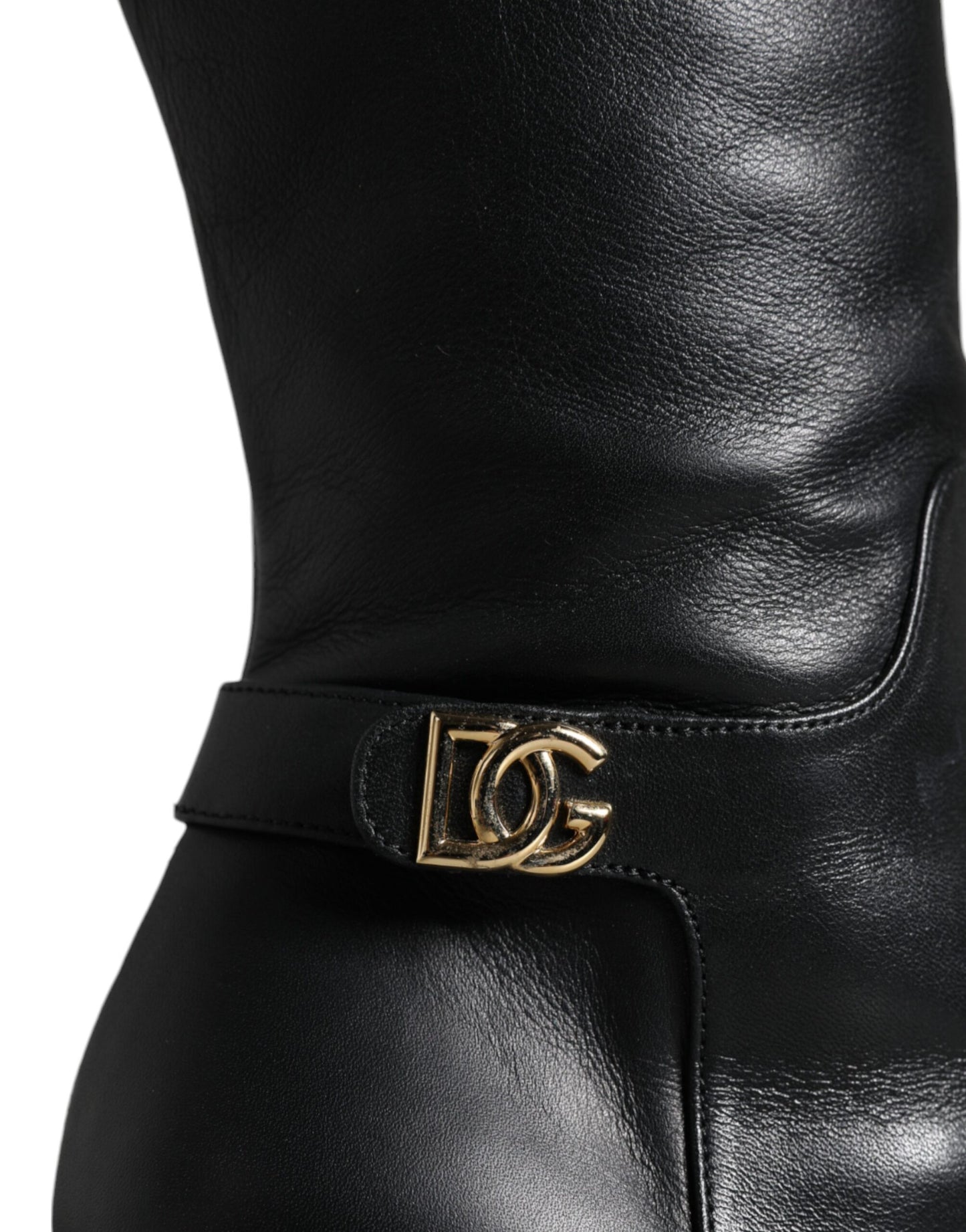 Dolce &amp; Gabbana Black Leather Gold Tone Logo High Boots Shoes