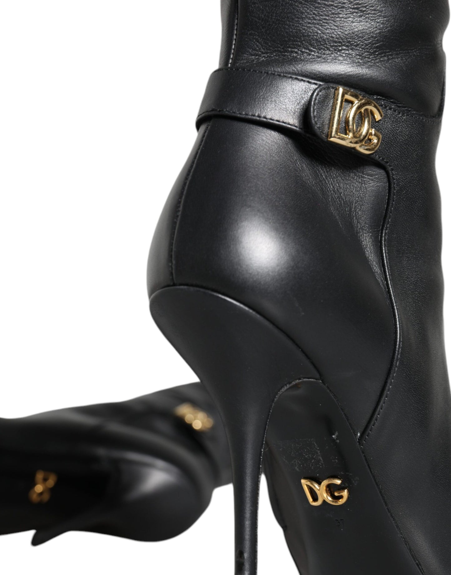 Dolce &amp; Gabbana Black Leather Gold Tone Logo High Boots Shoes