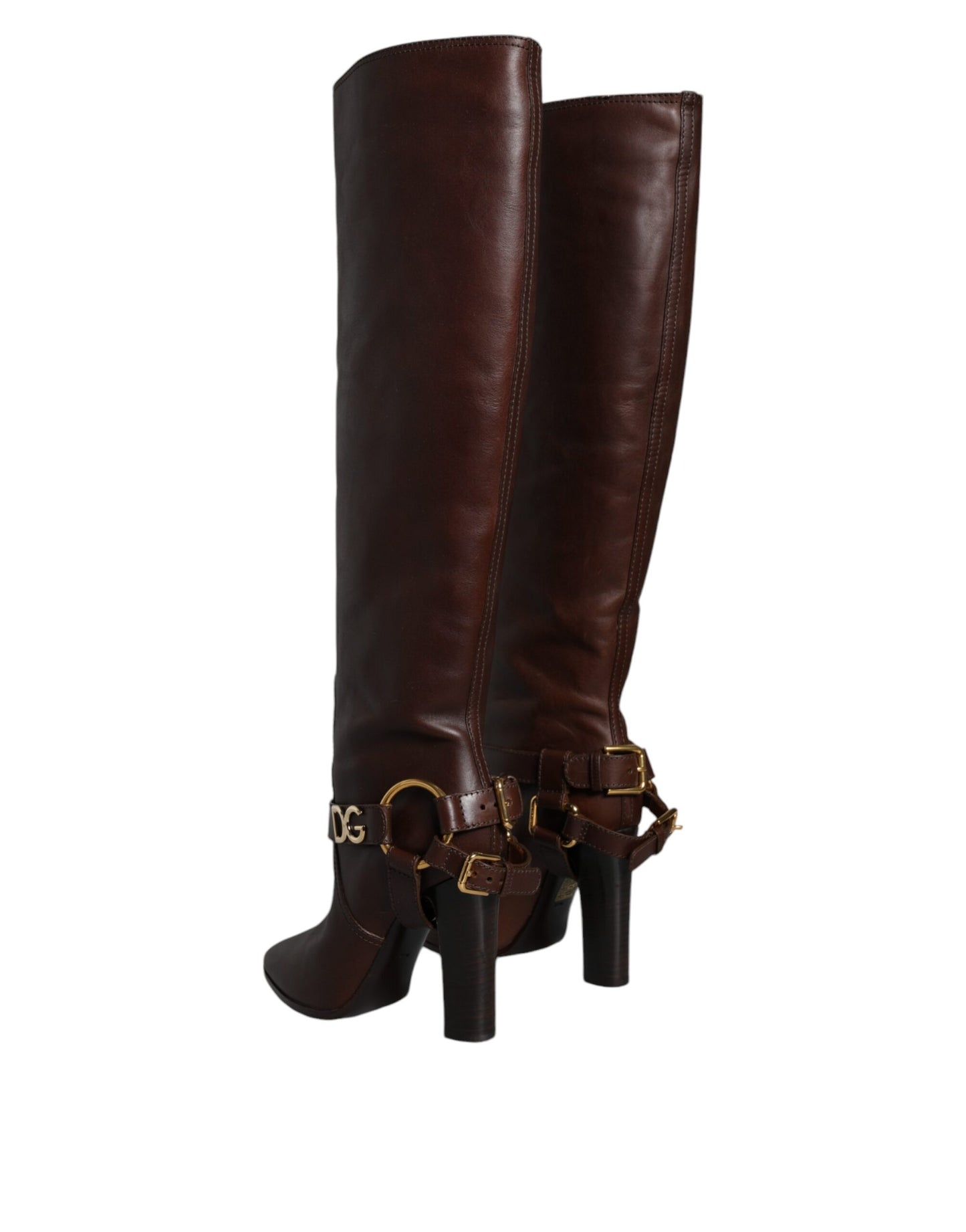 Dolce &amp; Gabbana Brown Leather Gold Tone Logo High Boots Shoes