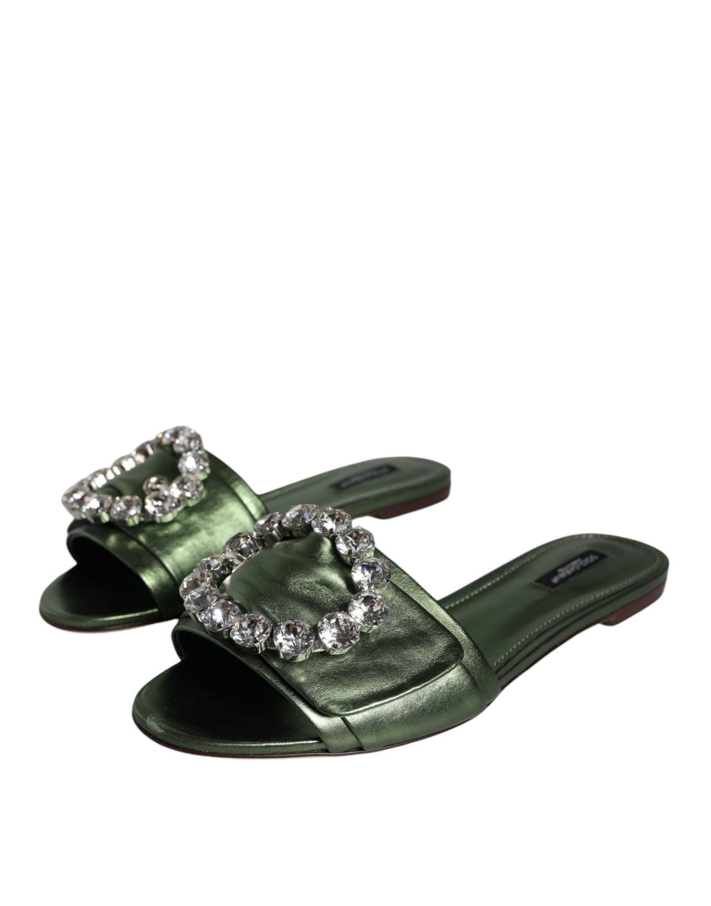 Dolce &amp; Gabbana Metallic Green Crystal Leather Flats Sandals Shoes