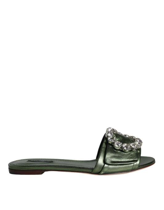 Dolce &amp; Gabbana Metallic Green Crystal Leather Flats Sandals Shoes