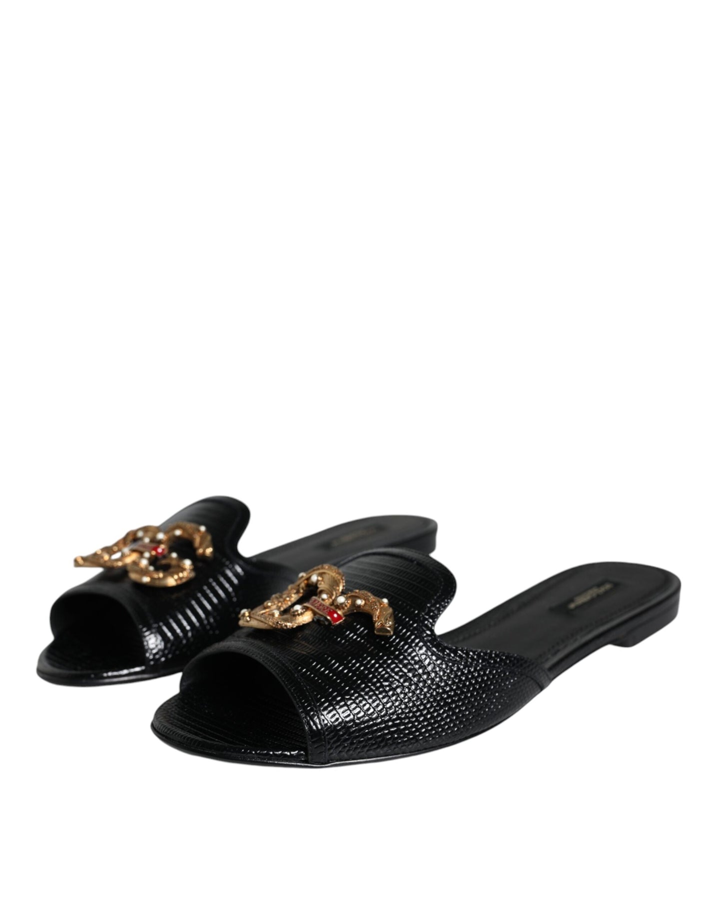 Dolce &amp; Gabbana Black DG Amore Leather Slip On Flats Shoes