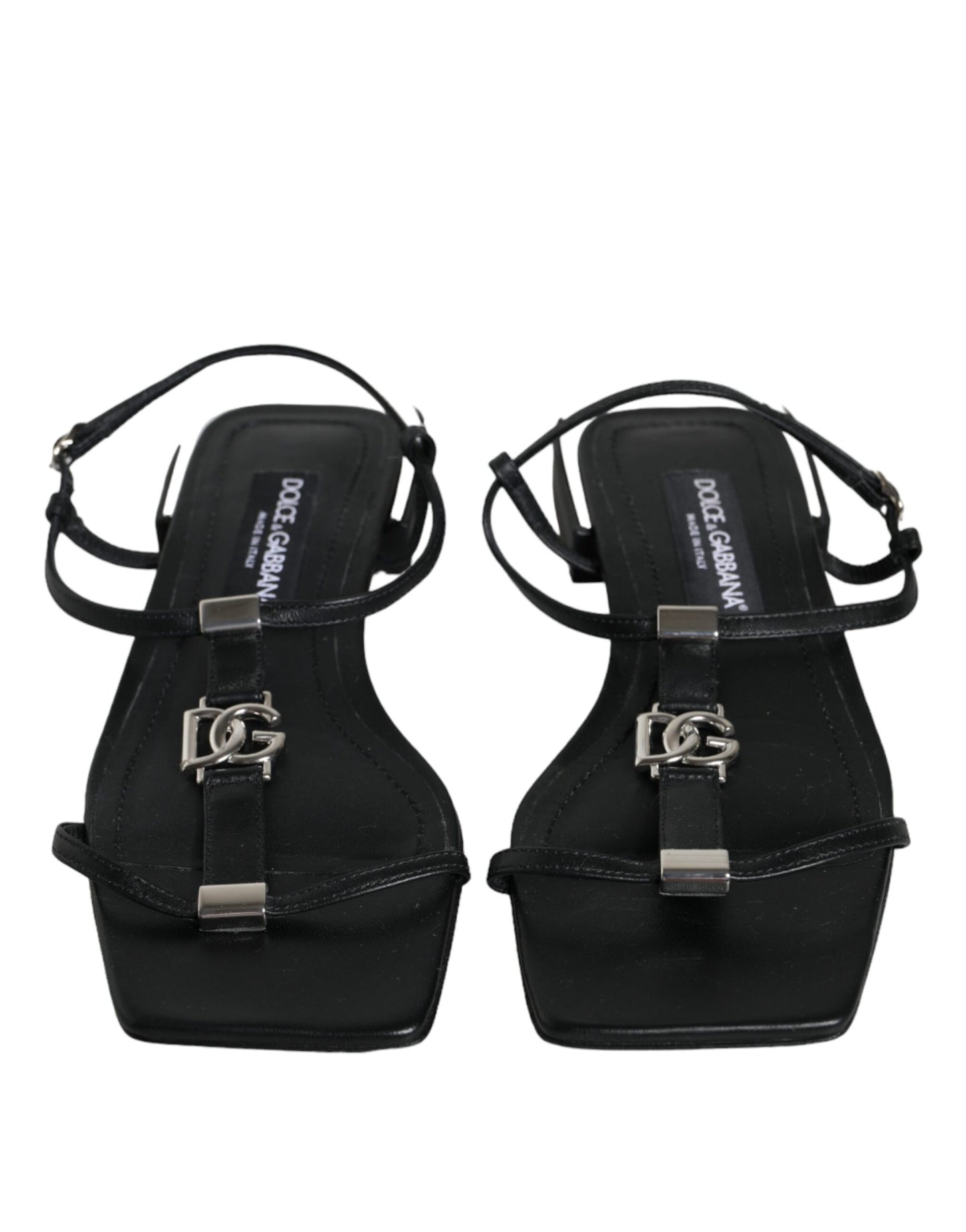 Dolce &amp; Gabbana Black Leather Logo Ankle Strap Keira Sandals Shoes