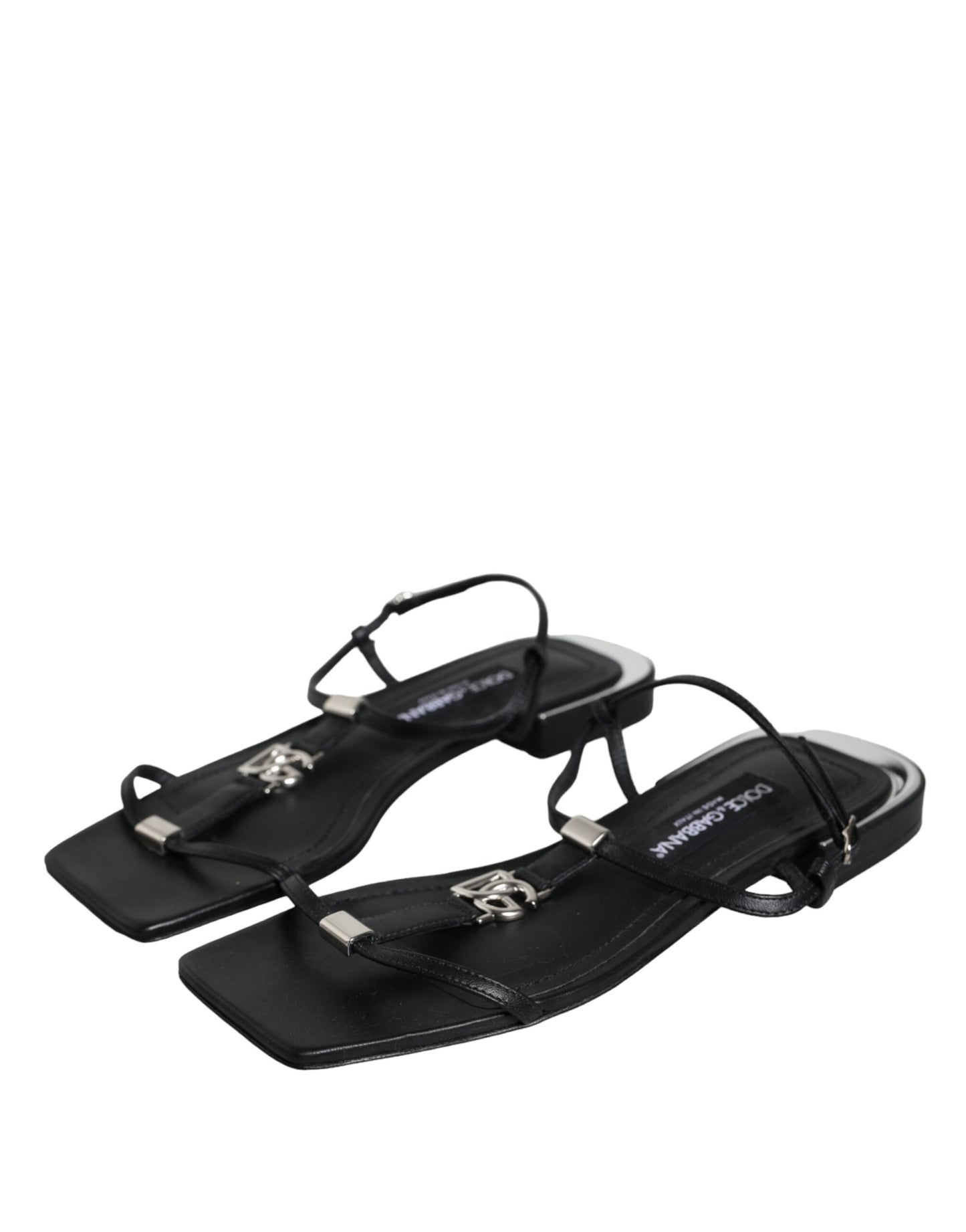 Dolce &amp; Gabbana Black Leather Logo Ankle Strap Keira Sandals Shoes