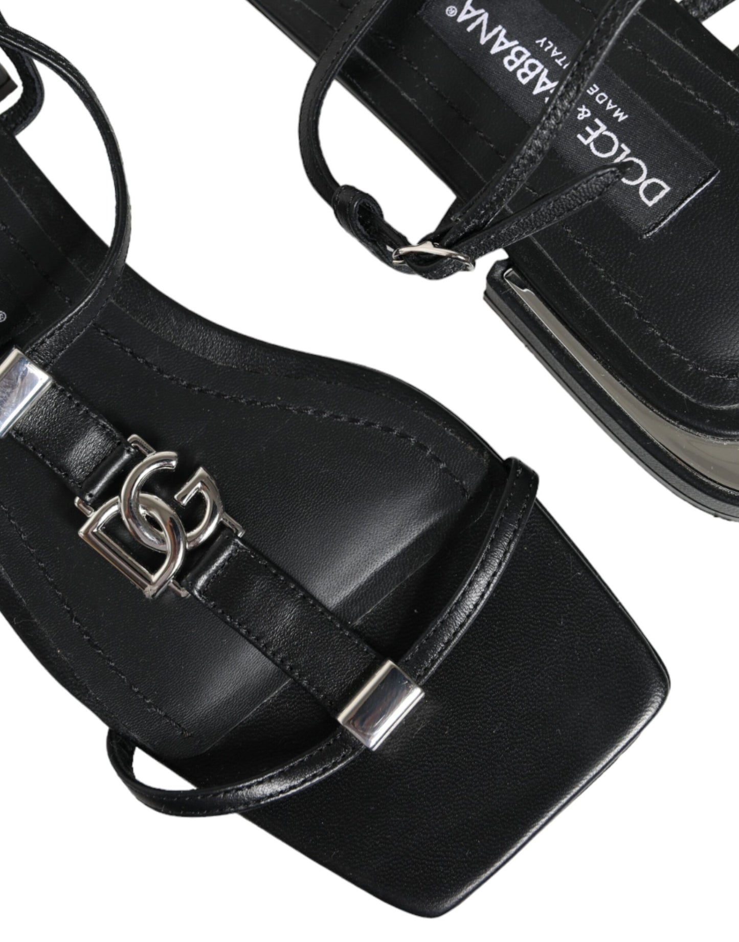 Dolce &amp; Gabbana Black Leather Logo Ankle Strap Keira Sandals Shoes