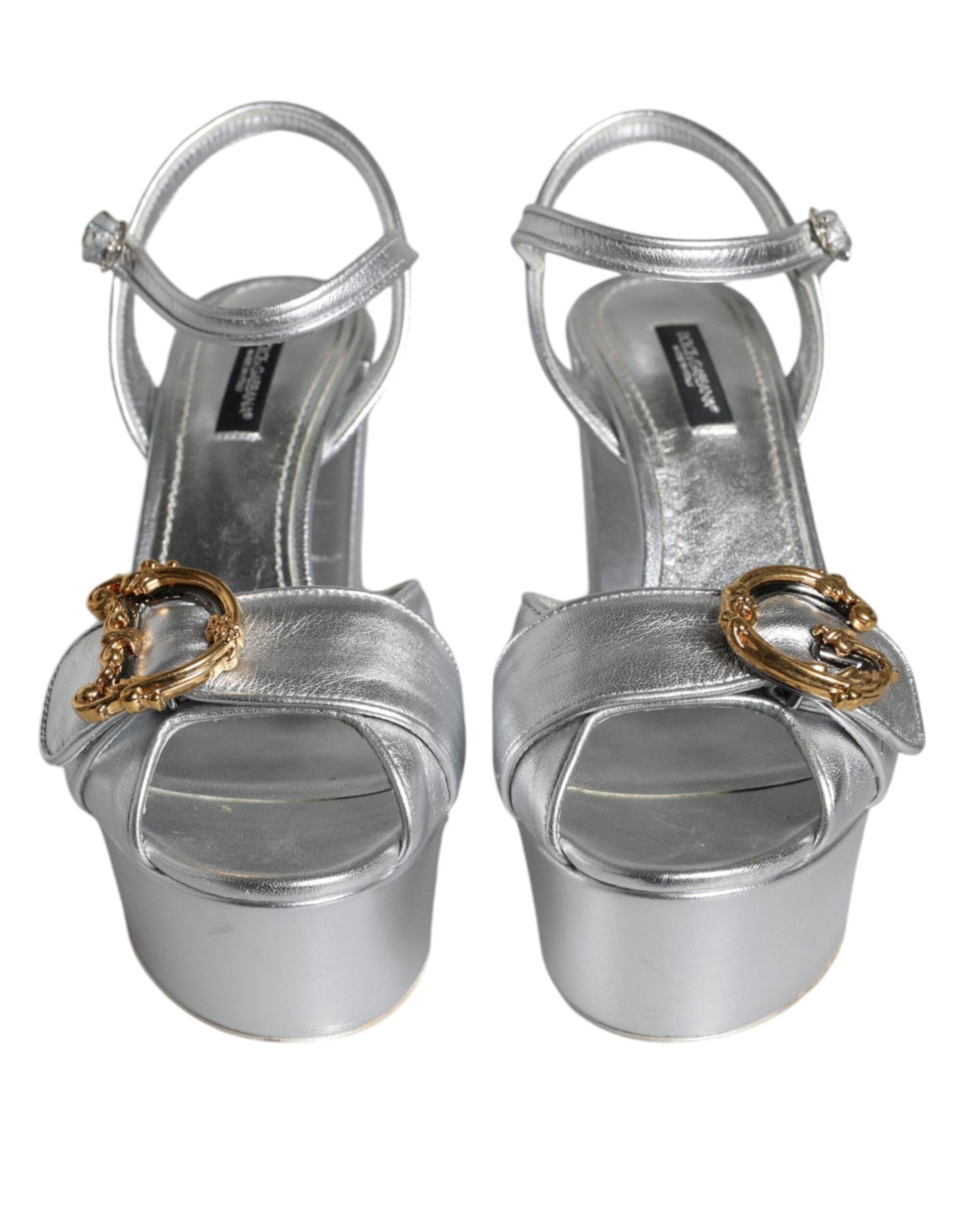 Dolce &amp; Gabbana Silver Leather Platform Logo Keira Sandals Shoes