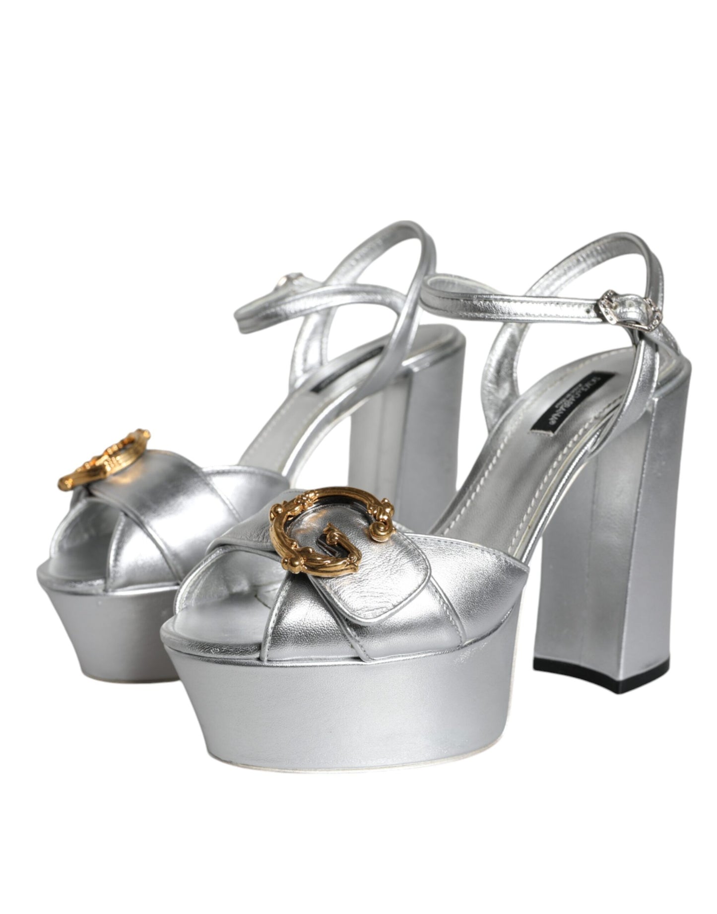 Dolce &amp; Gabbana Silver Leather Platform Logo Keira Sandals Shoes