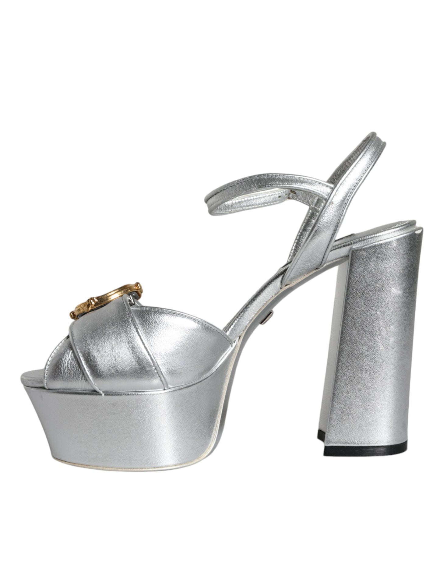 Dolce &amp; Gabbana Silver Leather Platform Logo Keira Sandals Shoes