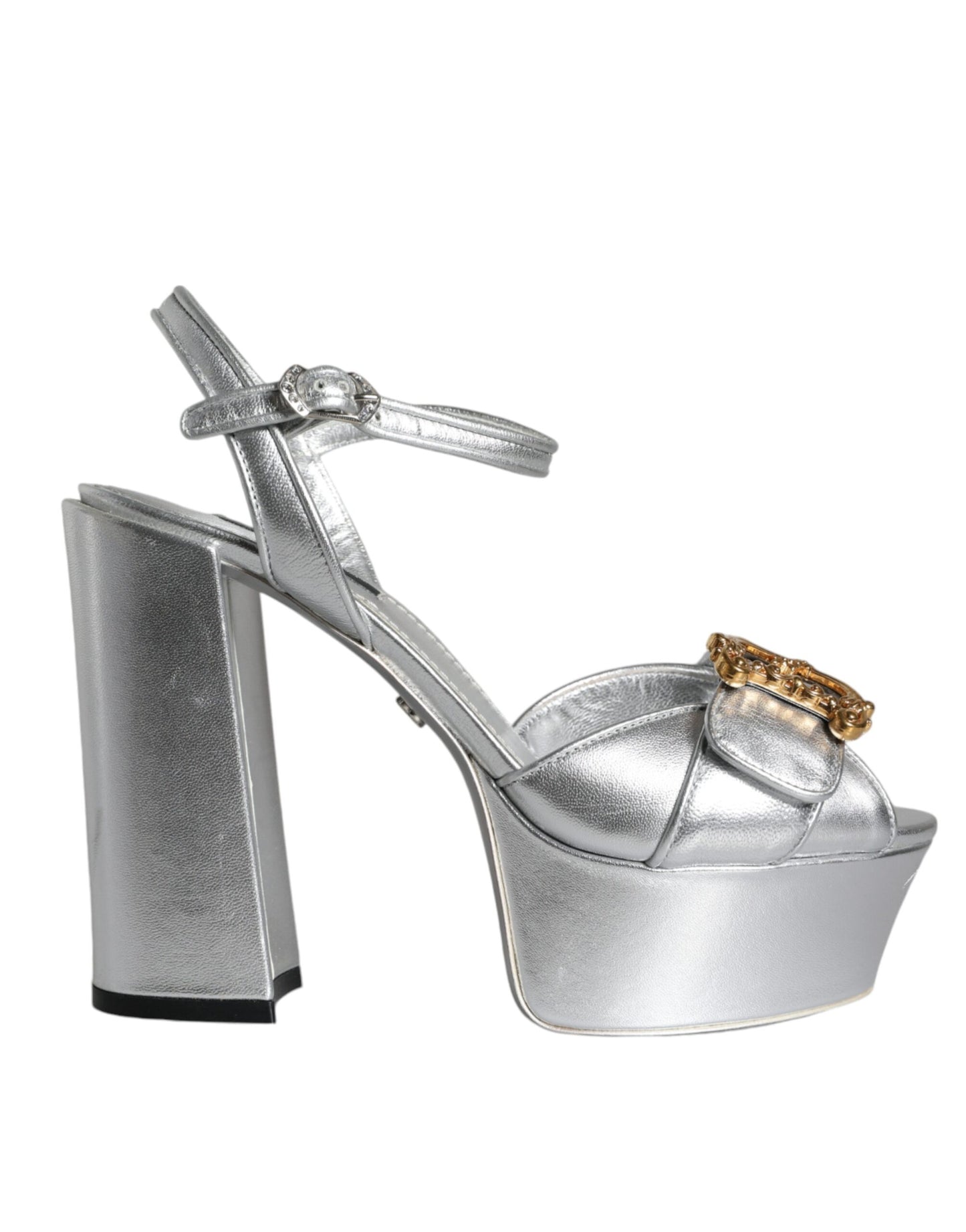 Dolce &amp; Gabbana Silver Leather Platform Logo Keira Sandals Shoes