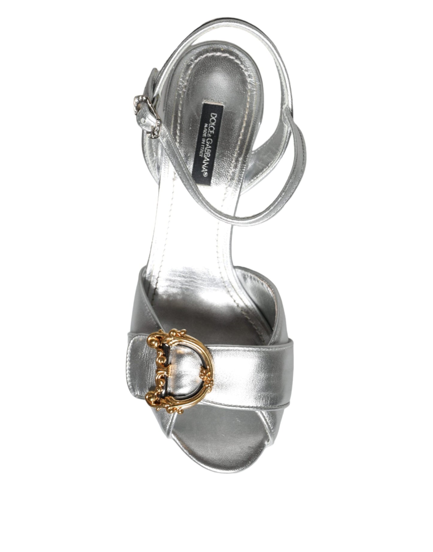 Dolce &amp; Gabbana Silver Leather Platform Logo Keira Sandals Shoes