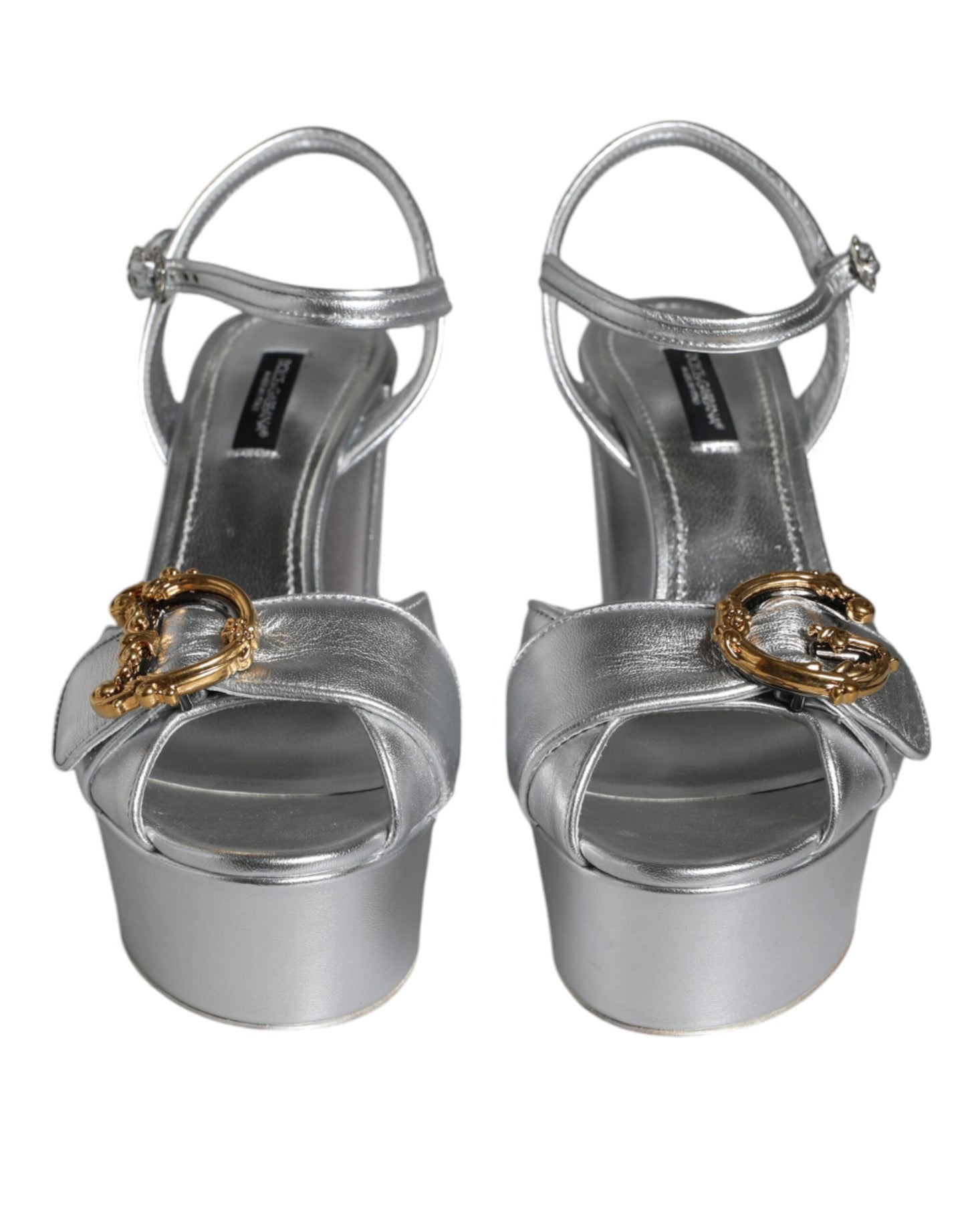 Dolce &amp; Gabbana Silver Leather Platform Logo Keira Sandals Shoes