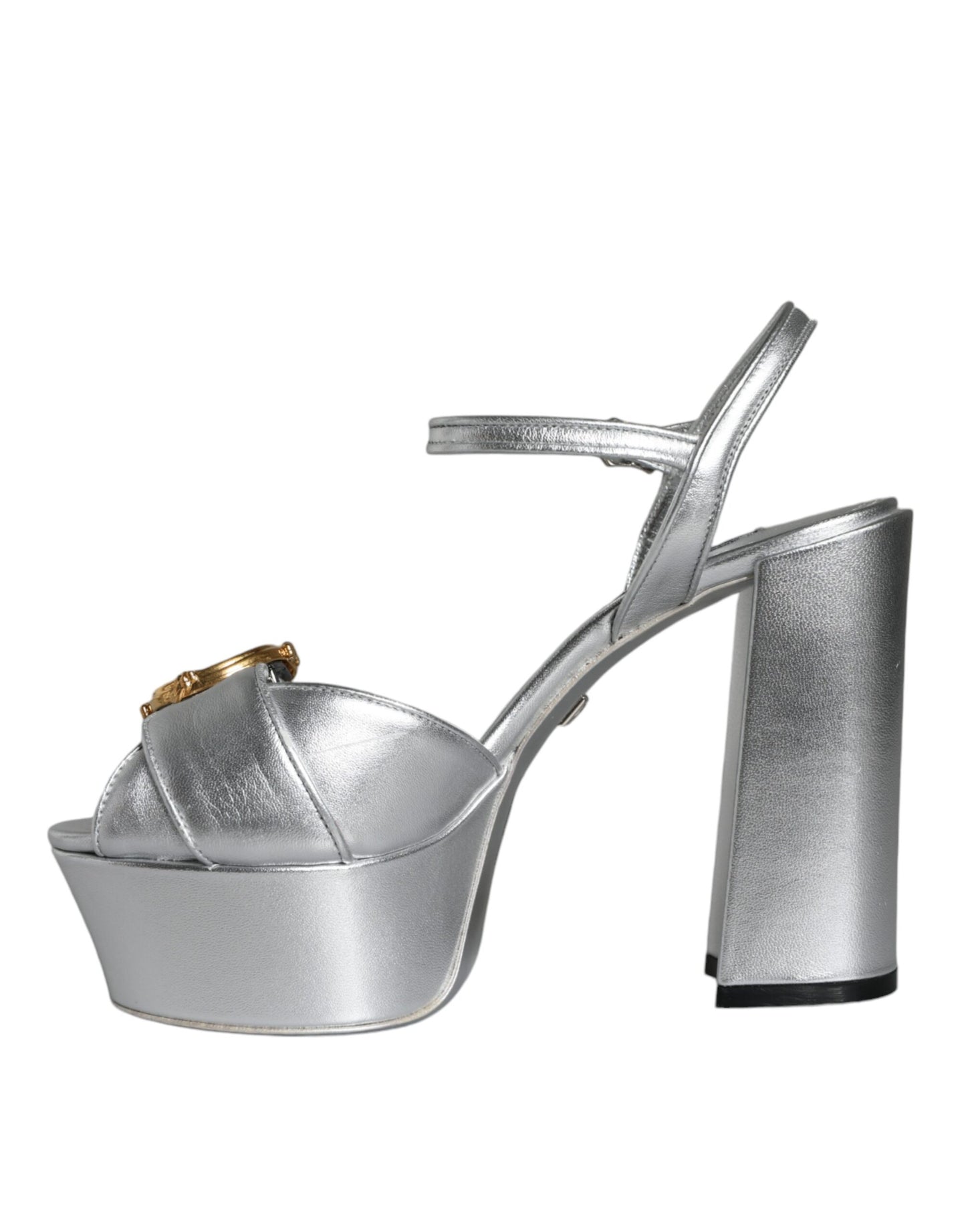 Dolce &amp; Gabbana Silver Leather Platform Logo Keira Sandals Shoes