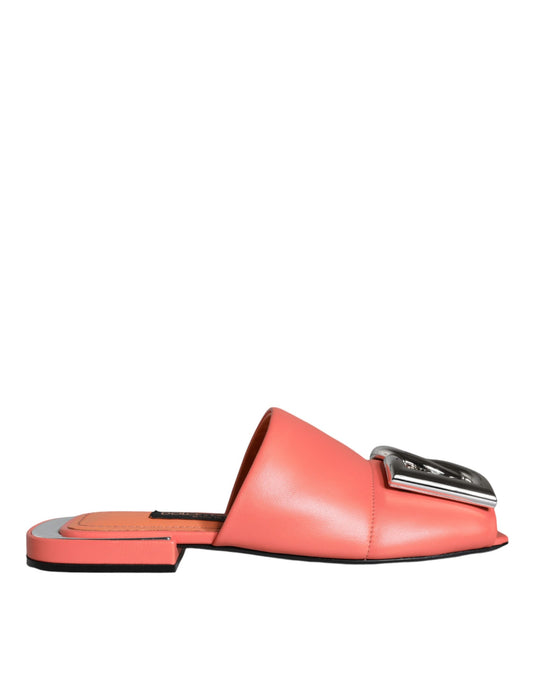 Dolce &amp; Gabbana Pink Salmon Leather Flat Slides Sandals Shoes