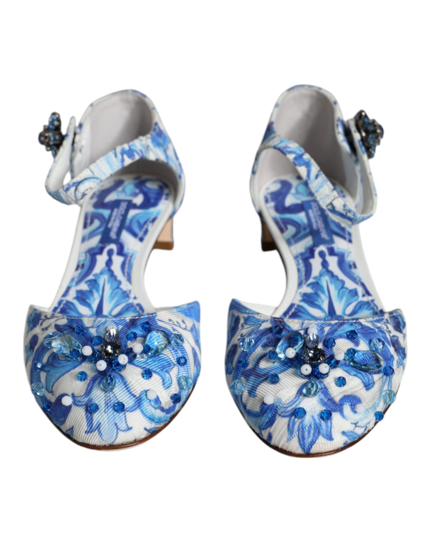 Dolce &amp; Gabbana White Blue Majolica Print Ankle Strap Sandals Shoes