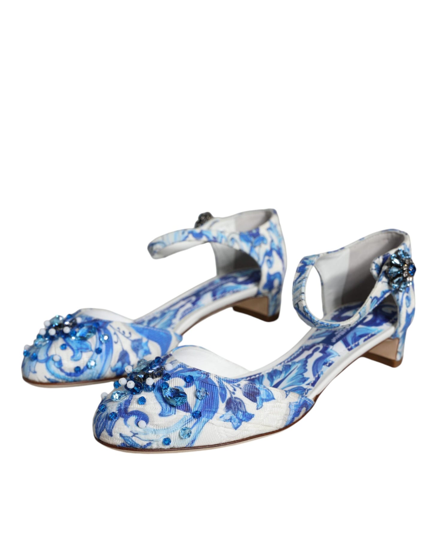 Dolce &amp; Gabbana White Blue Majolica Print Ankle Strap Sandals Shoes