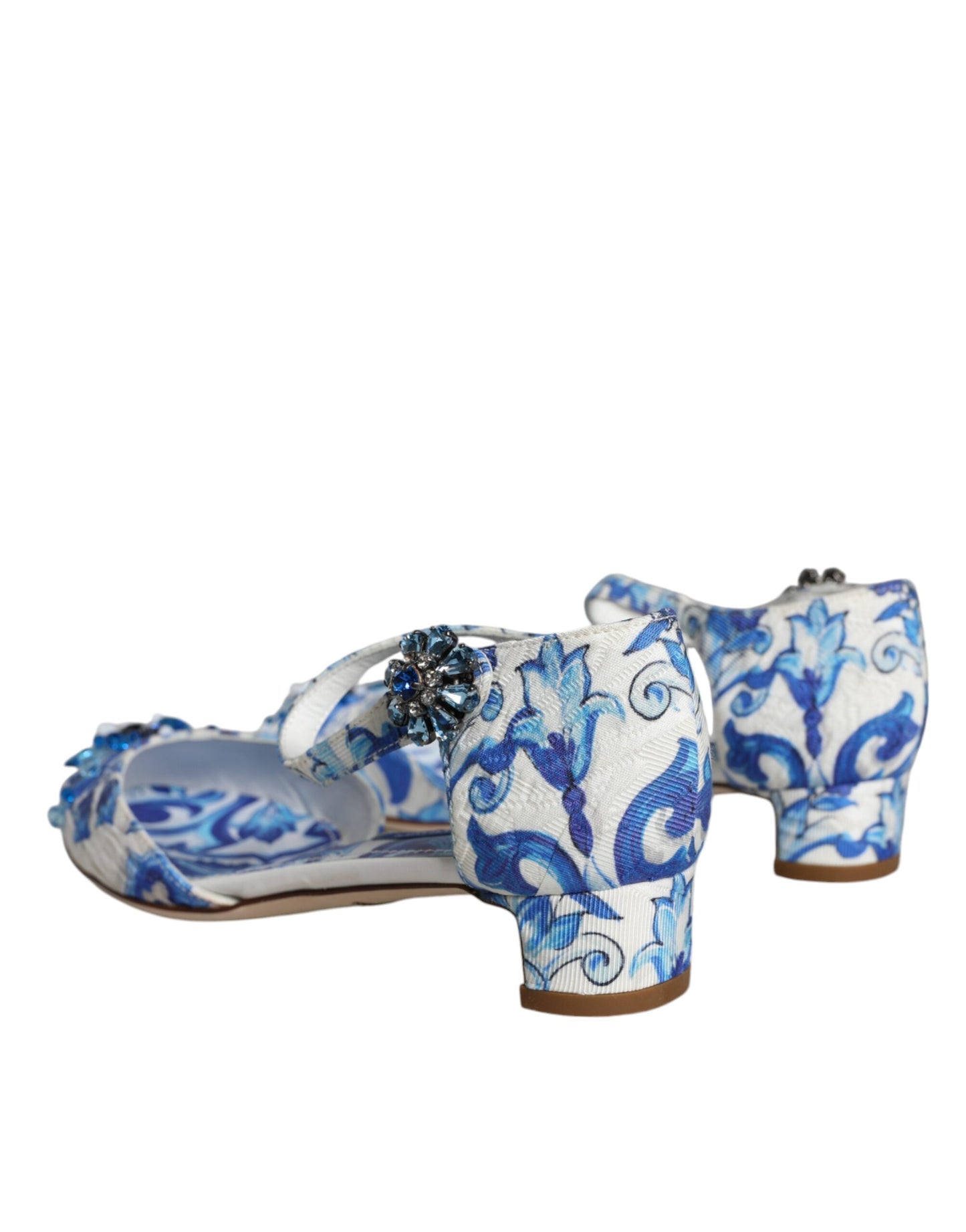 Dolce &amp; Gabbana White Blue Majolica Print Ankle Strap Sandals Shoes