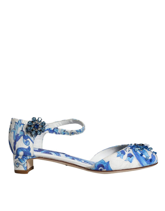 Dolce &amp; Gabbana White Blue Majolica Print Ankle Strap Sandals Shoes